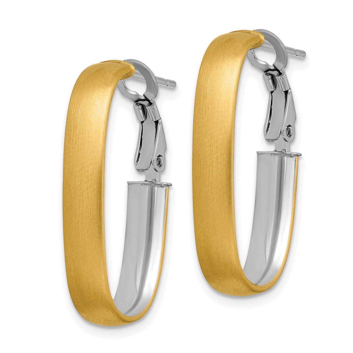 14k Two-Tone Yellow Gold Oval Hoop Earrings, Two Tone Brushed and Polished Finish, Omega Back