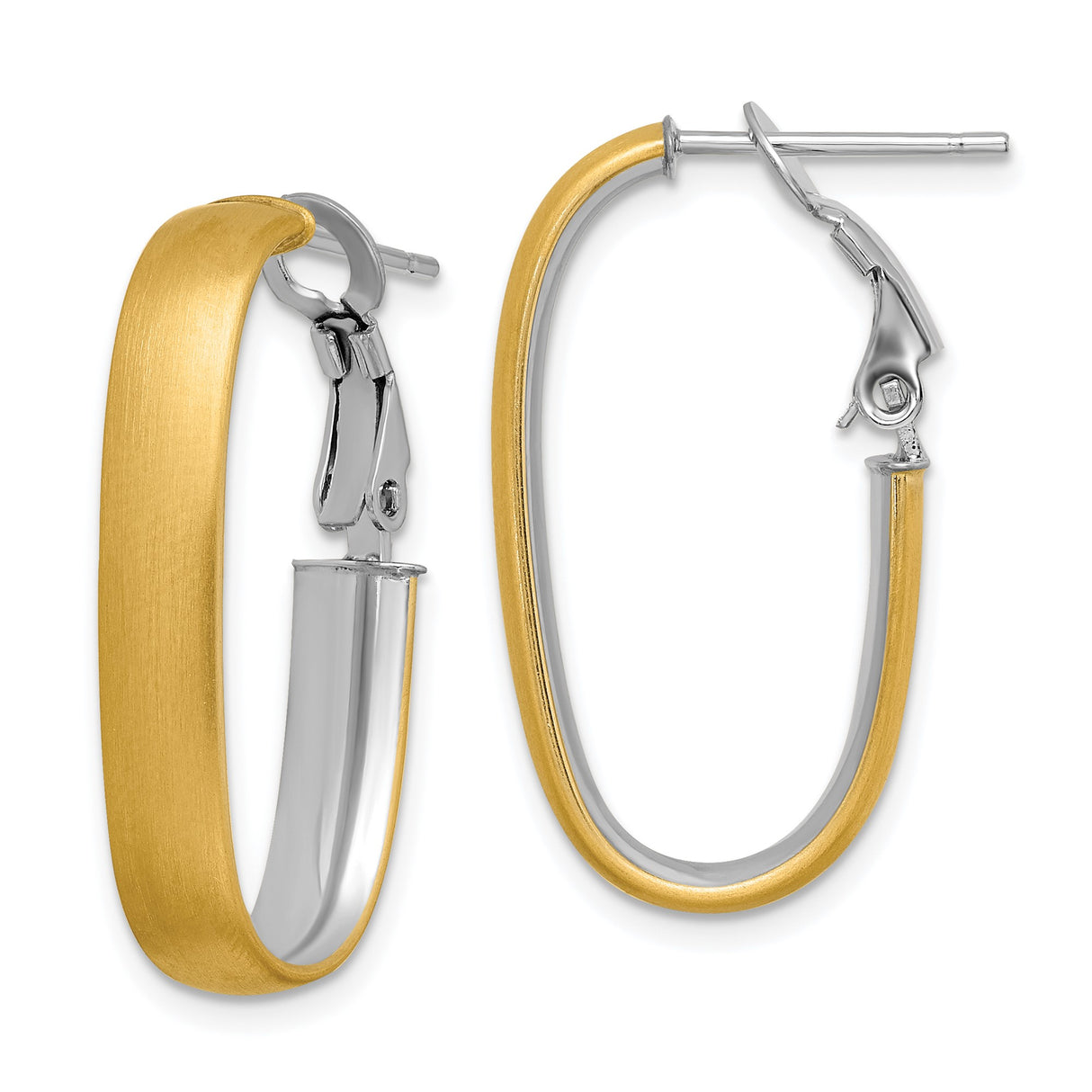 14k Yellow Gold and Sterling Silver Oval Hoop Earrings, Two Tone Brushed and Polished Finish, Omega Back