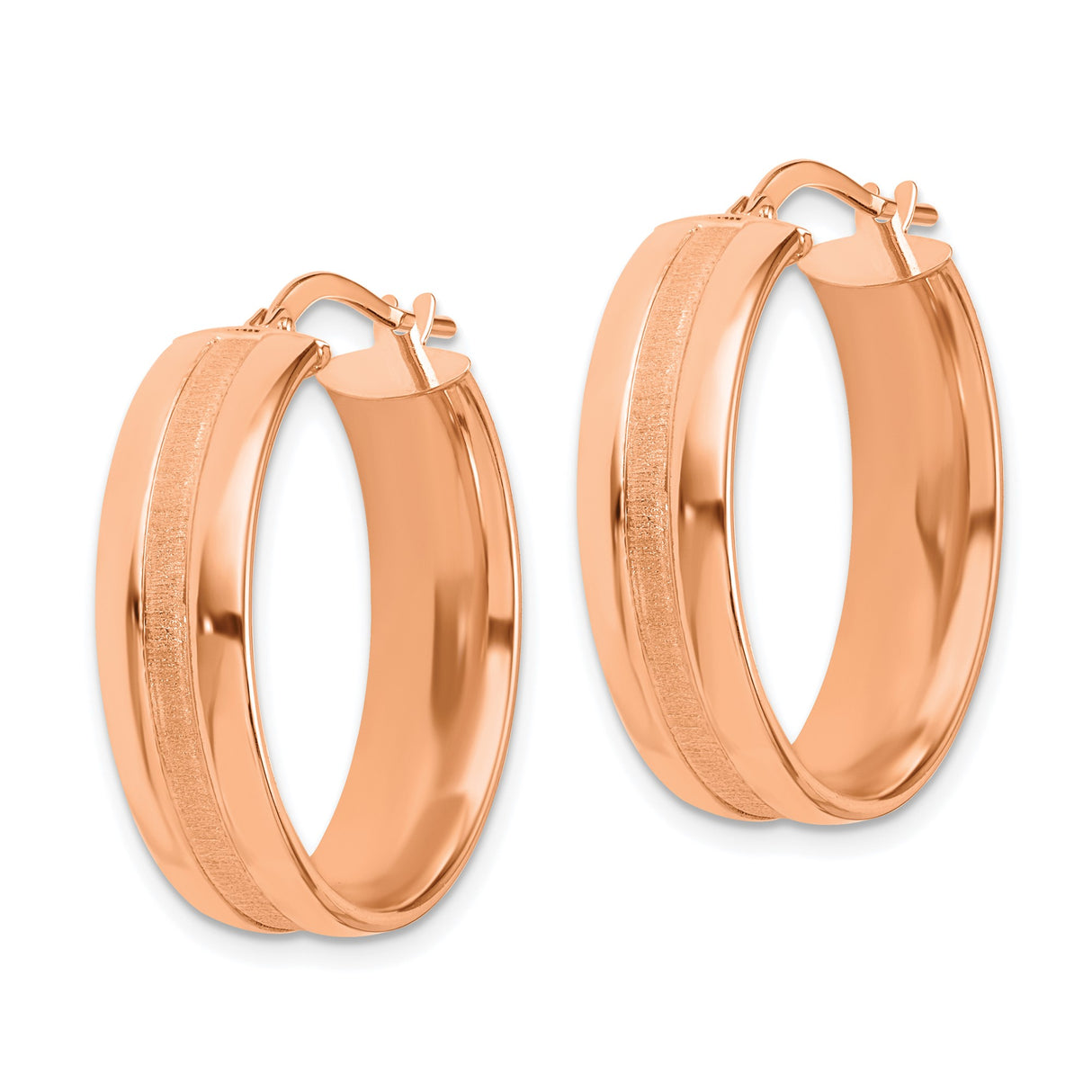 14k Rose Gold Hoop Earrings, Classic Round Design with Textured Stripe and Satin Finish