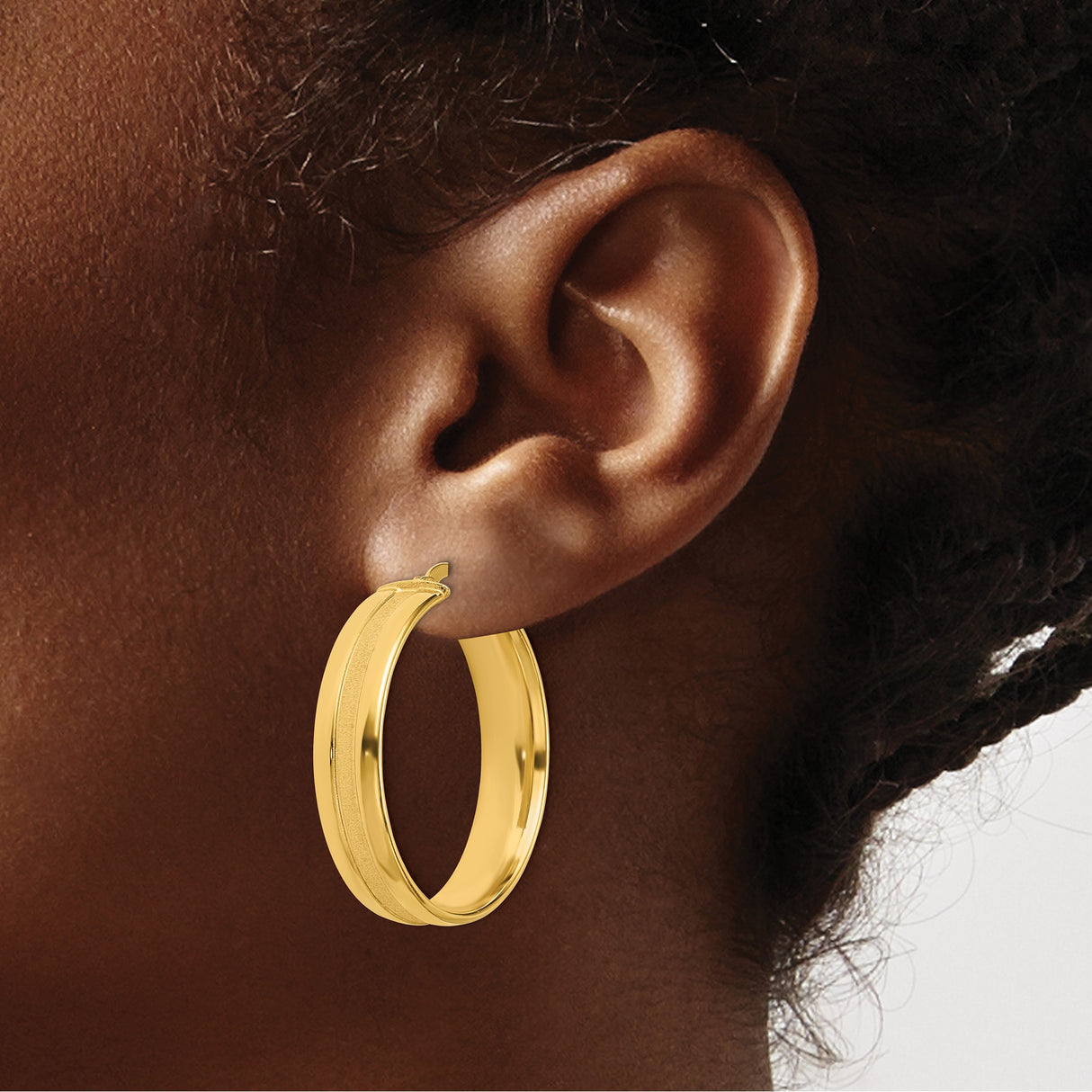 14k Yellow Gold Hoop Earrings with Brushed and Polished Stripe Finish, Medium Hinged Hoops