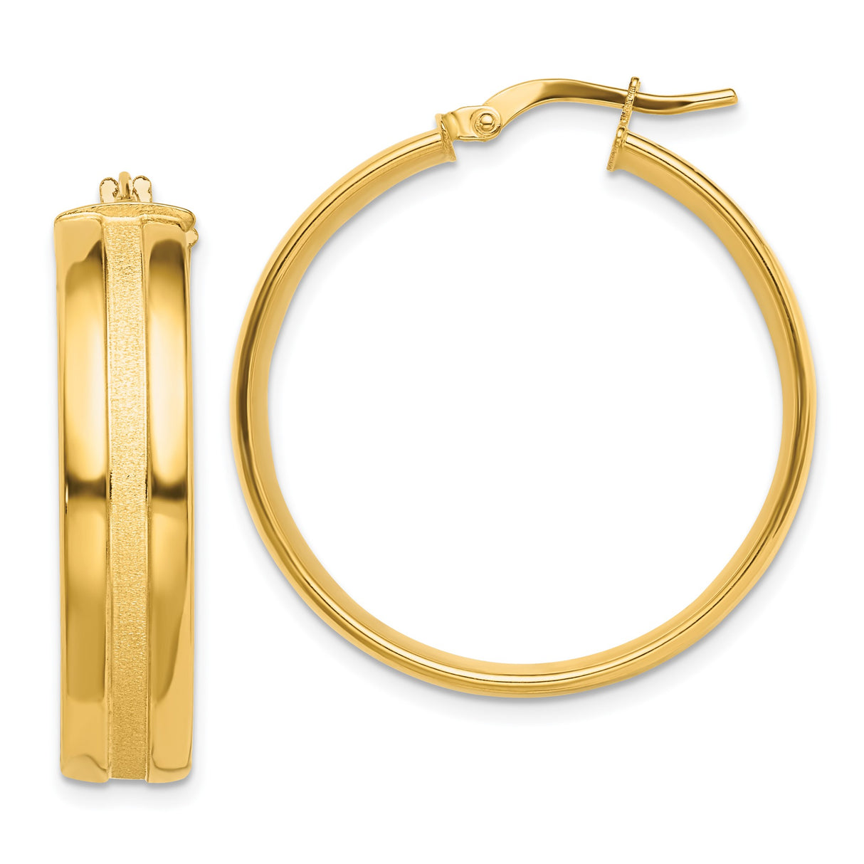 14k Yellow Gold Hoop Earrings with Brushed and Polished Stripe Finish, Medium Hinged Hoops