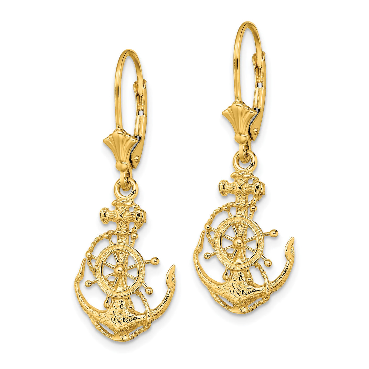 14k Yellow Gold Dangle Earrings with Anchor and Ship Wheel Nautical Design for Women