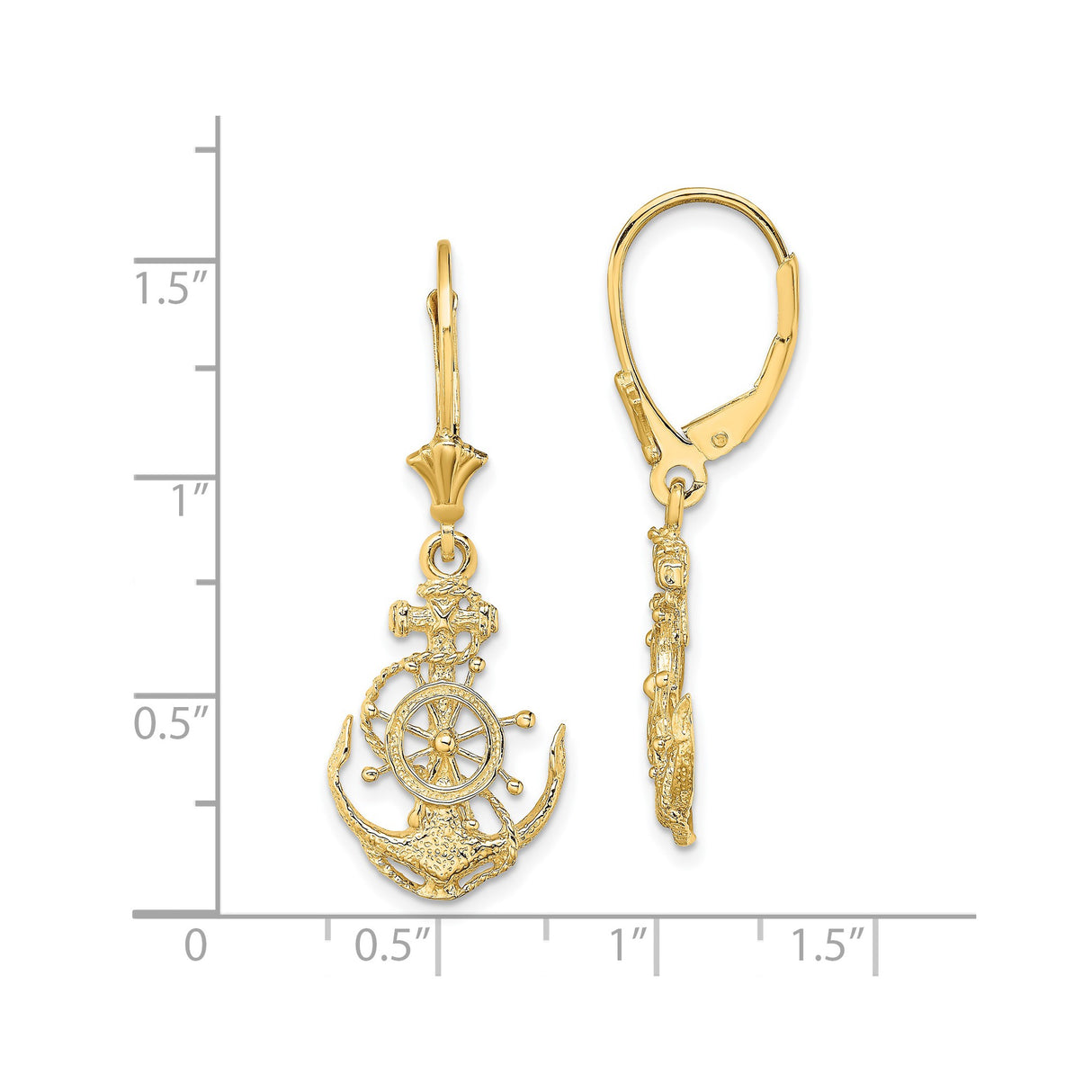 14k Yellow Gold Dangle Earrings with Anchor and Ship Wheel Nautical Design for Women