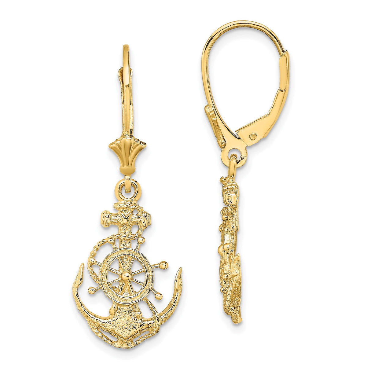 14k Yellow Gold Dangle Earrings with Anchor and Ship Wheel Nautical Design for Women