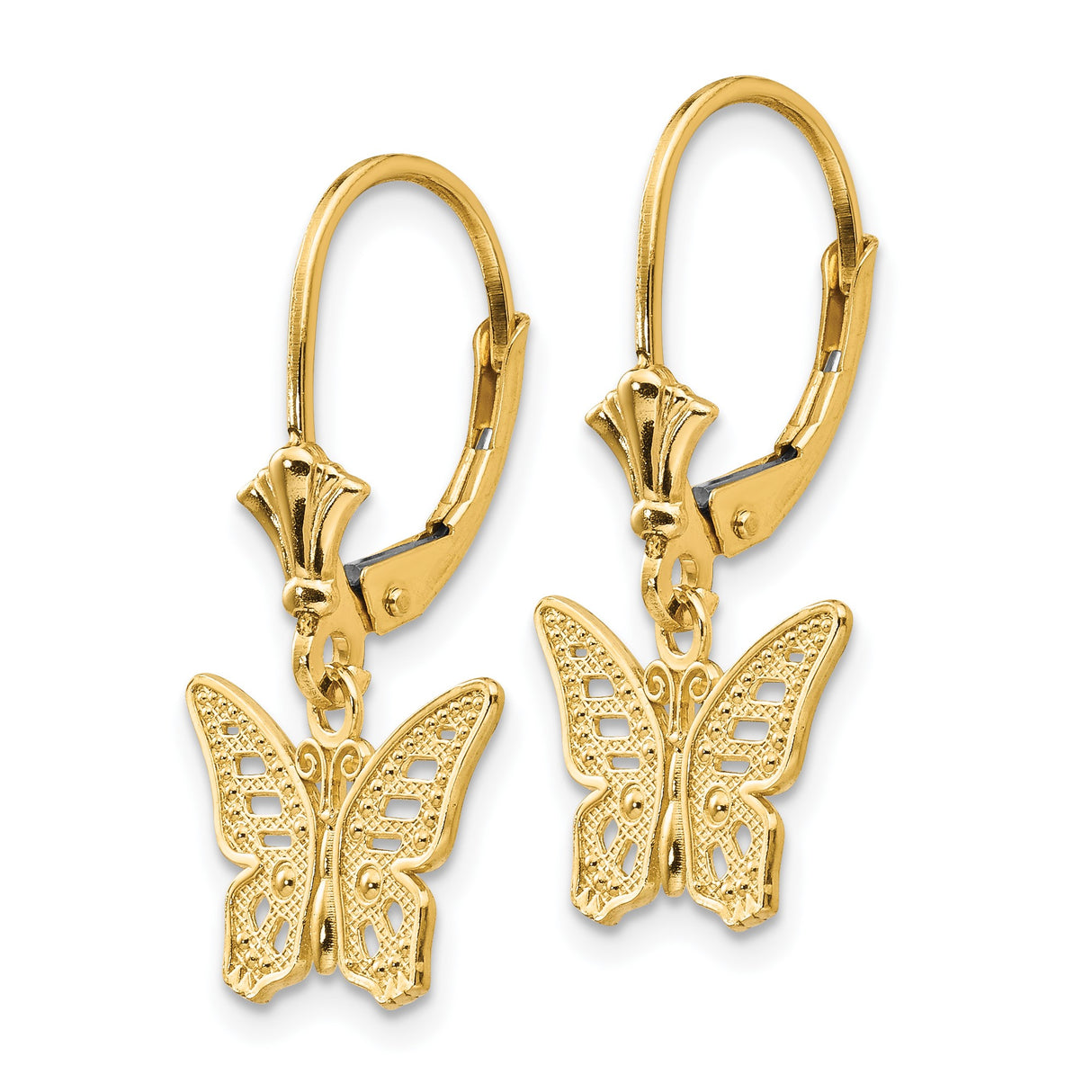 14k Yellow Gold Dangle Earrings with Intricate Butterfly Charms, Nature-Inspired Design for Women