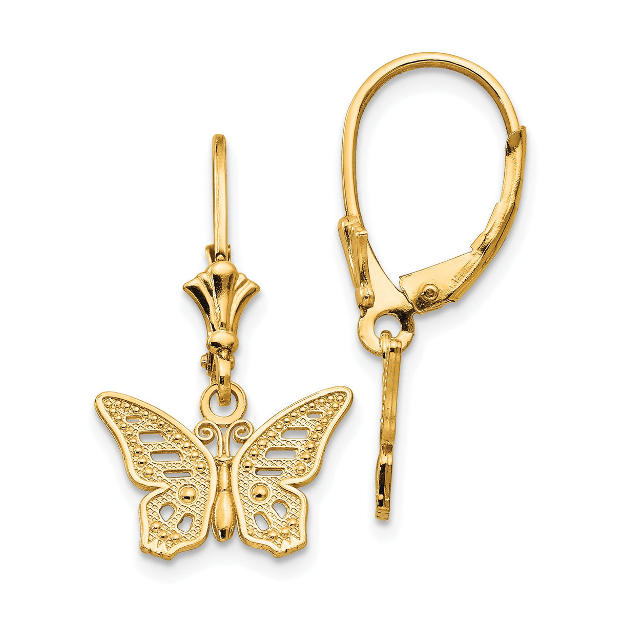 14k Yellow Gold Dangle Earrings with Intricate Butterfly Charms, Nature-Inspired Design for Women