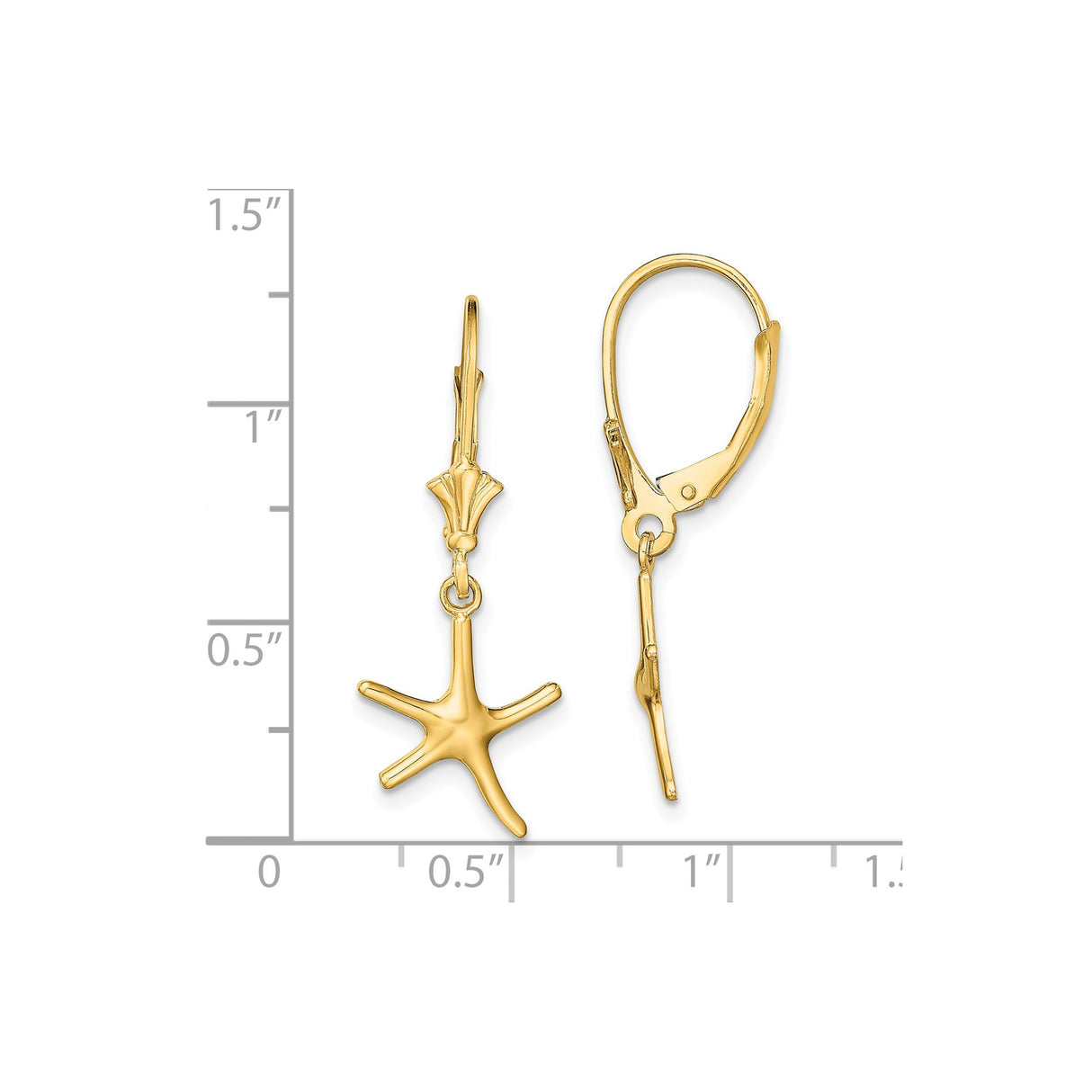 14k Yellow Gold Starfish Dangle Earrings with Leverback Closure, Nautical Beach Style for Women