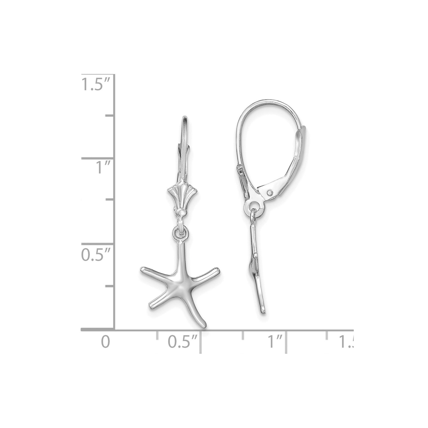 14k White Gold Starfish Dangle Earrings with Leverback Closures, Nautical Coastal Style