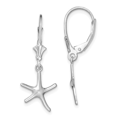 14k White Gold Starfish Dangle Earrings with Leverback Closures, Nautical Coastal Style