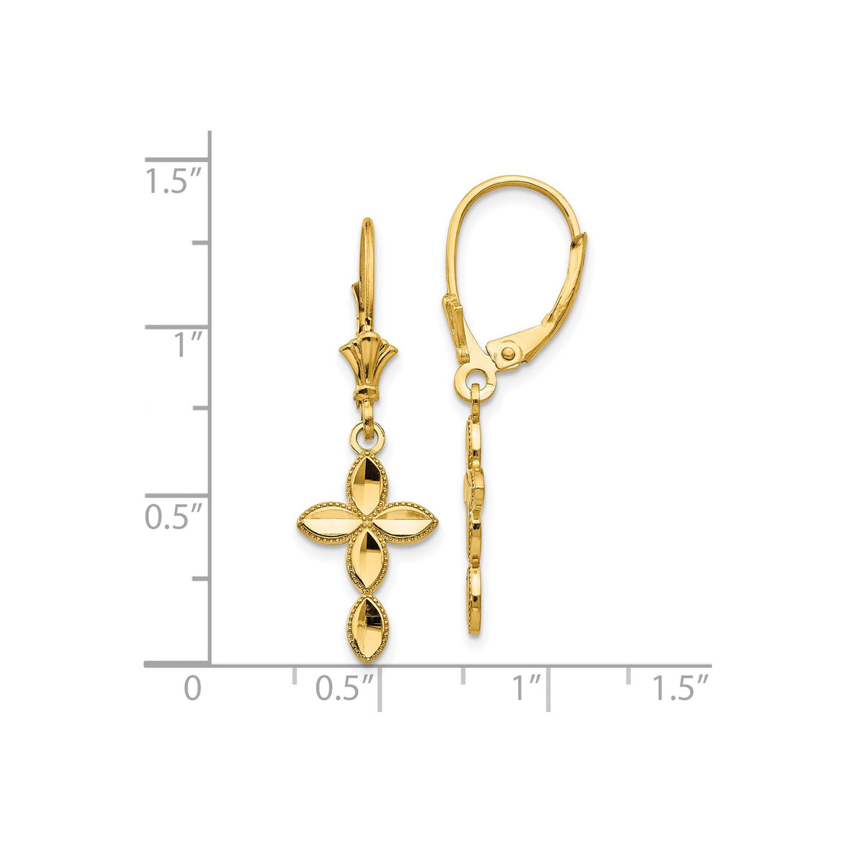 14k Yellow Gold Cross Earrings with Floral Motif, Beaded Edge, Milgrain Detail, Leverback Closure