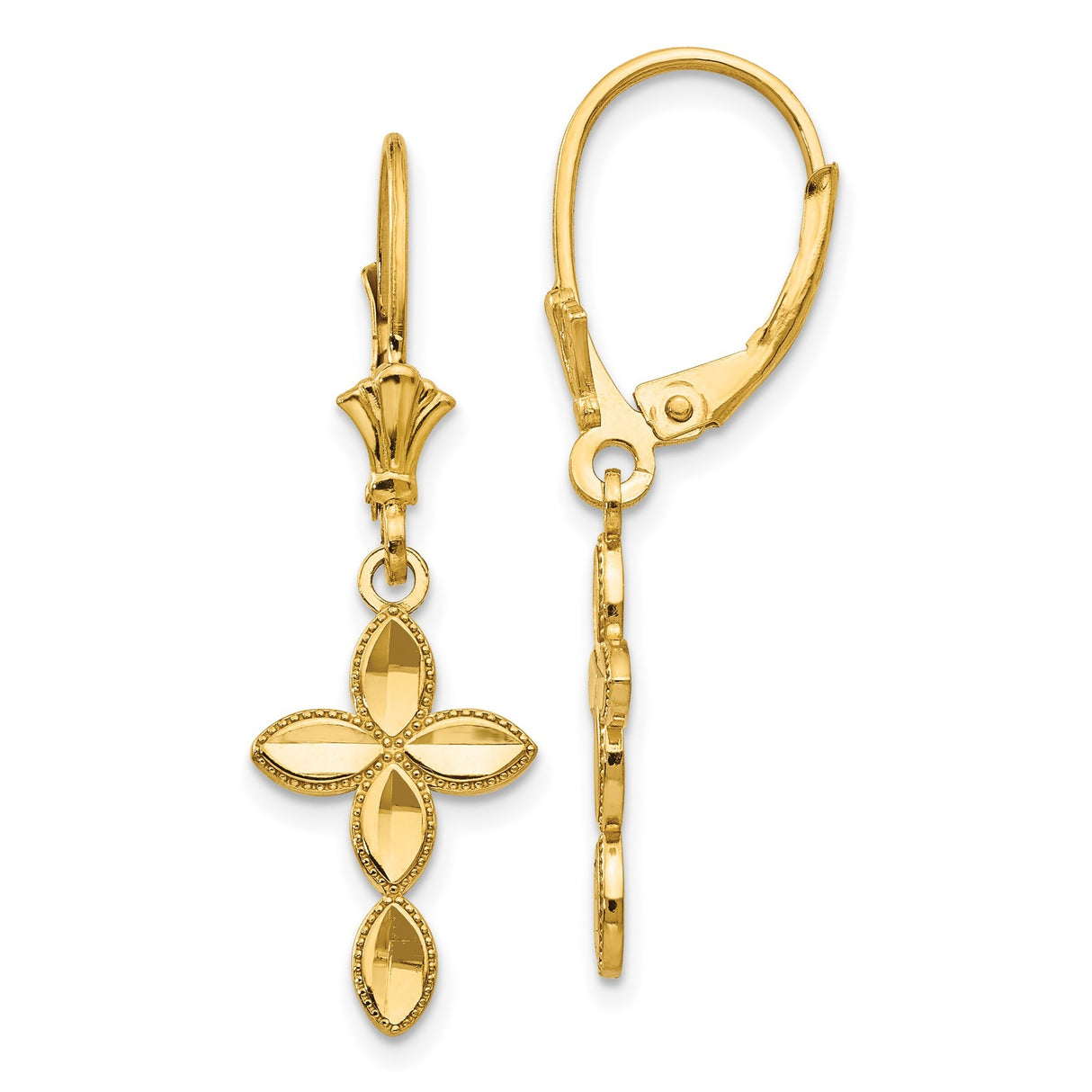 14k Yellow Gold Cross Earrings with Floral Motif, Beaded Edge, Milgrain Detail, Leverback Closure
