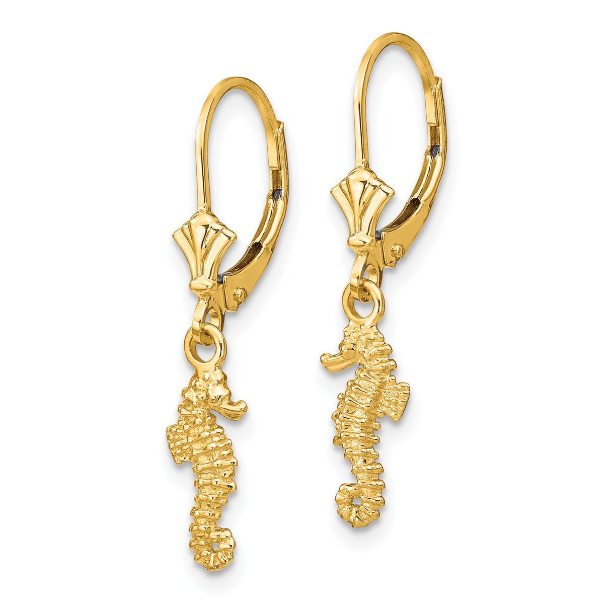 14k Yellow Gold Seahorse Dangle Earrings, Nautical Ocean Theme, Leverback Backs for Women