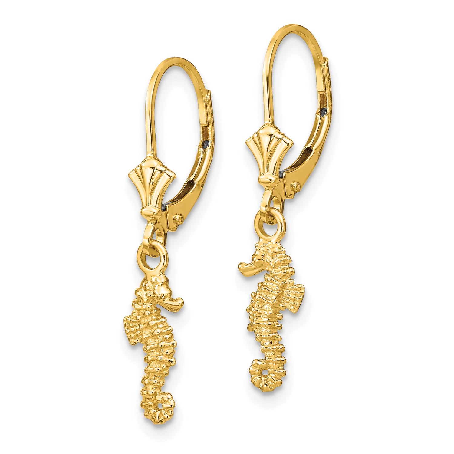 14k Yellow Gold Seahorse Dangle Earrings, Nautical Ocean Theme, Leverback Backs for Women