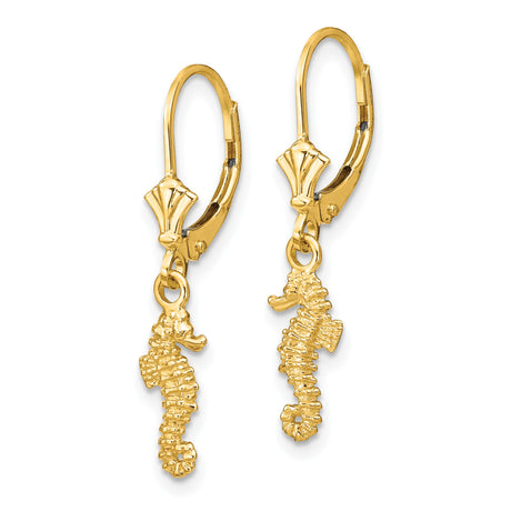 14k Yellow Gold Seahorse Dangle Earrings, Nautical Ocean Theme, Leverback Backs for Women