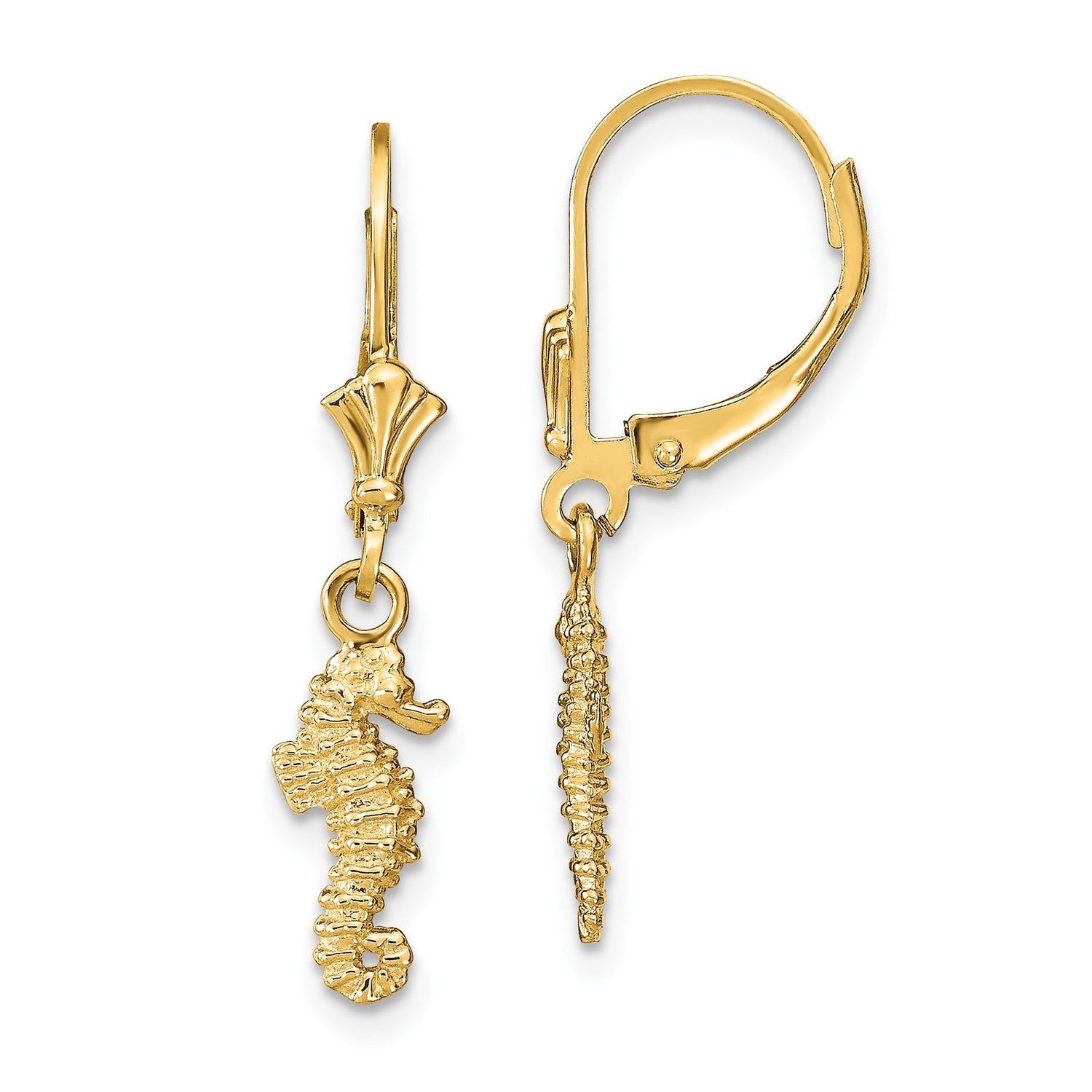 14k Yellow Gold Dangle Earrings, Seahorse Leverback Design, Nautical Coastal Theme for Women