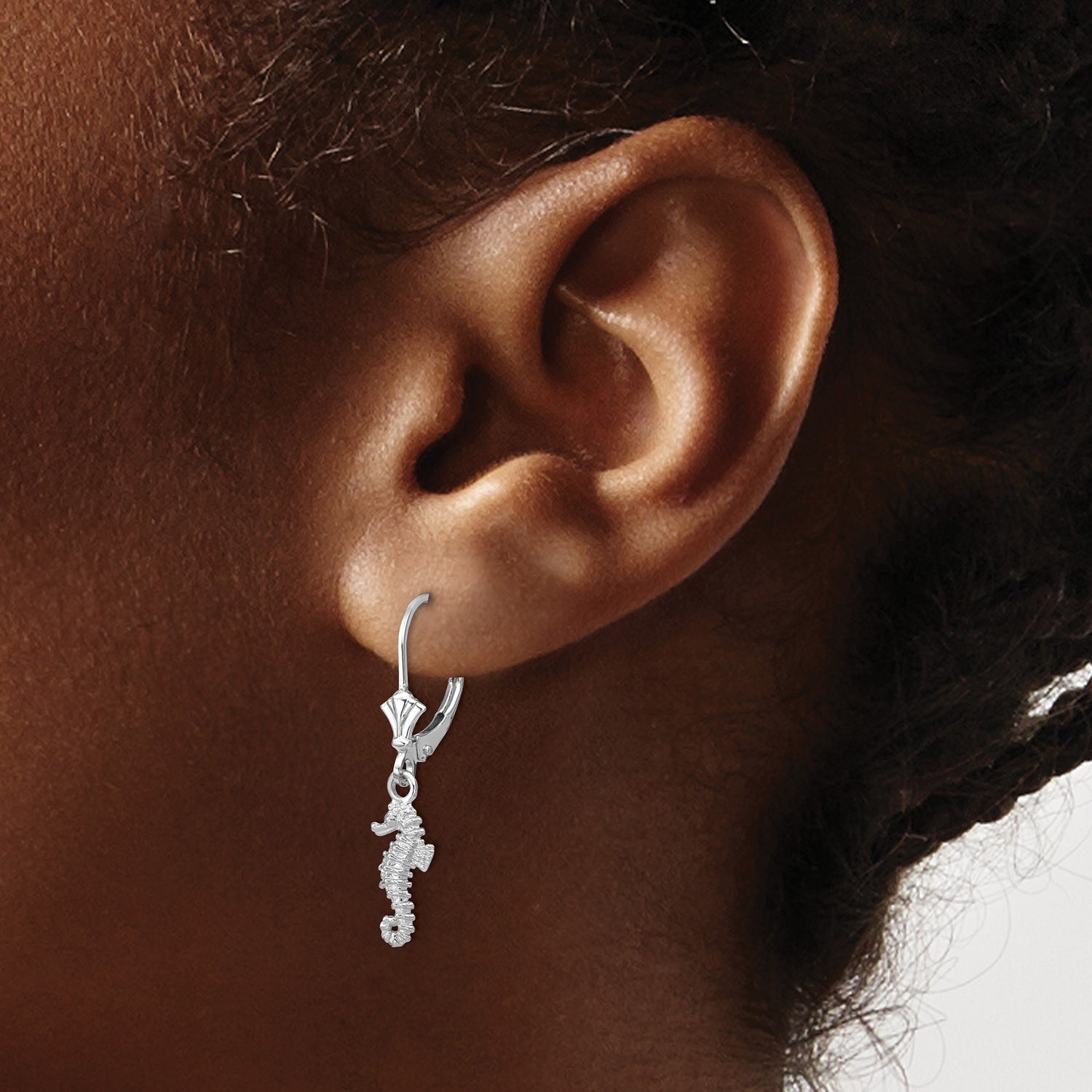 14k White Gold Seahorse Dangle Earrings, Nautical Ocean Theme for Women