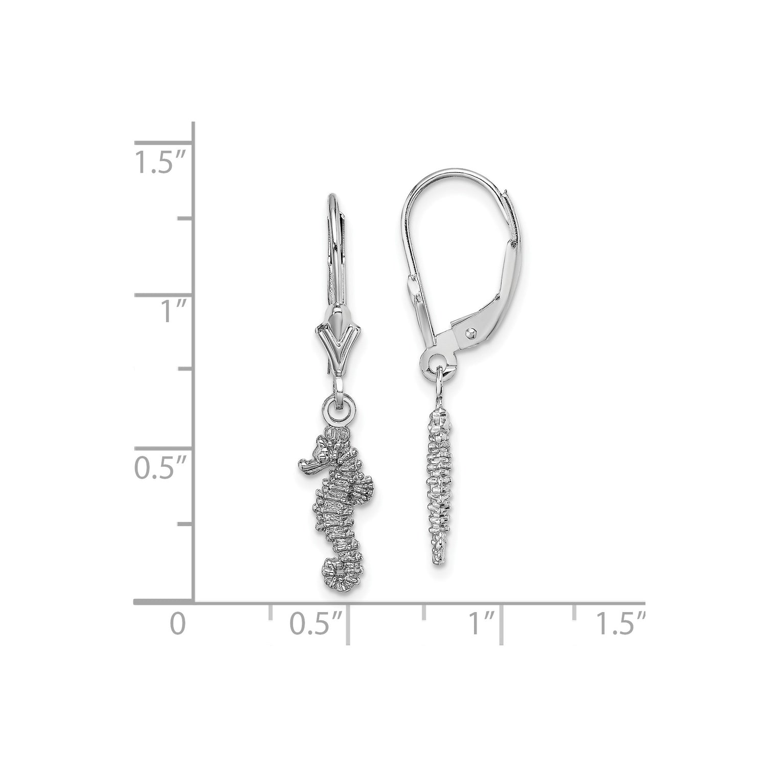 14k White Gold Seahorse Dangle Earrings, Nautical Ocean Theme for Women