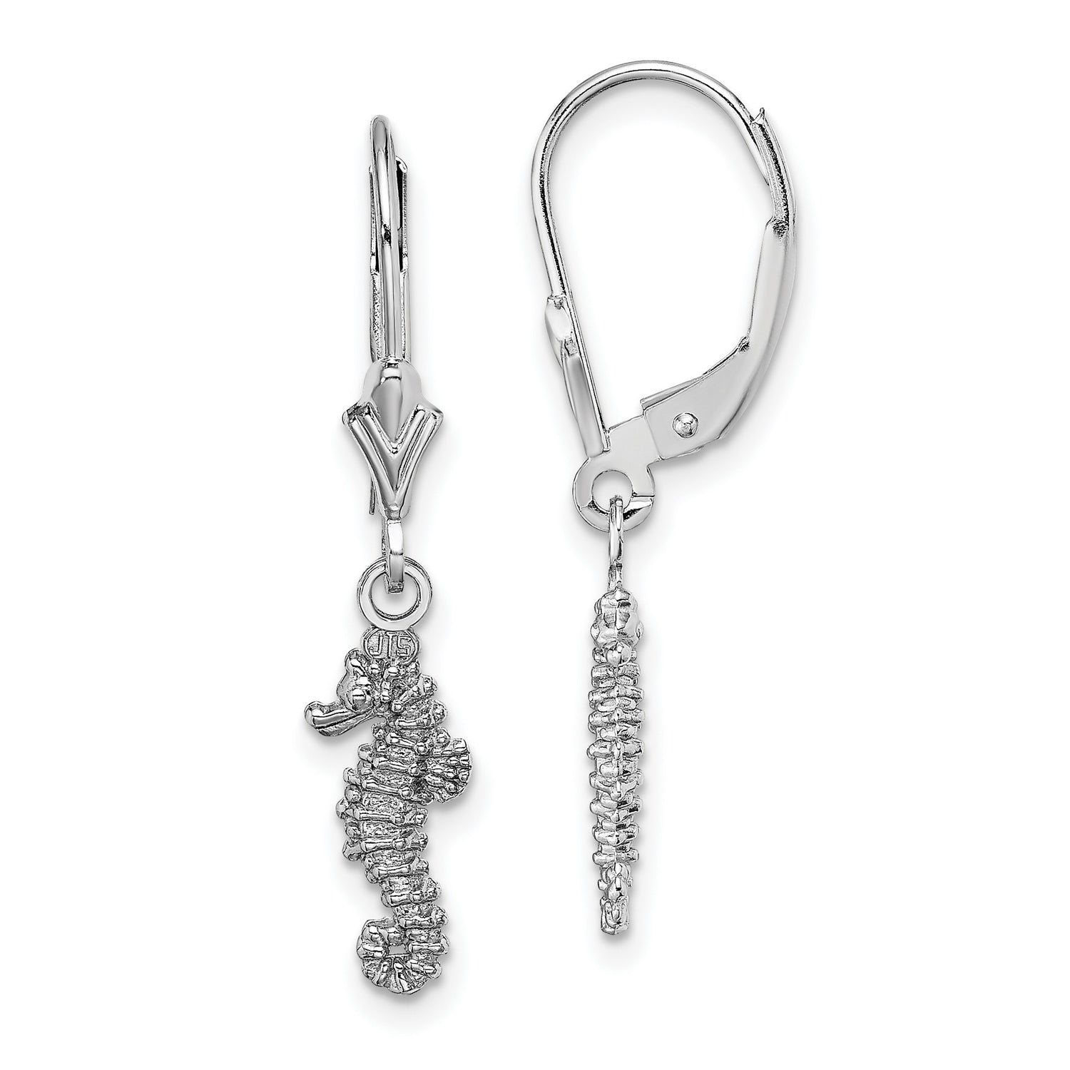 14k White Gold Seahorse Dangle Earrings, Nautical Ocean Theme for Women