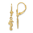 14k Yellow Gold Seahorse Dangle Earrings, Nautical Ocean Theme, Leverback Backs for Women