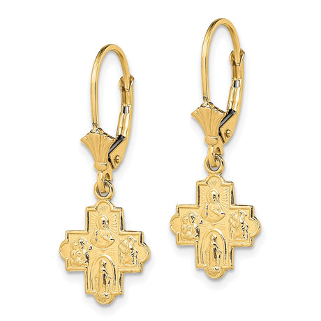 14k Yellow Gold Leverback Earrings with Four-Way Cross, Virgin Mary and Angels