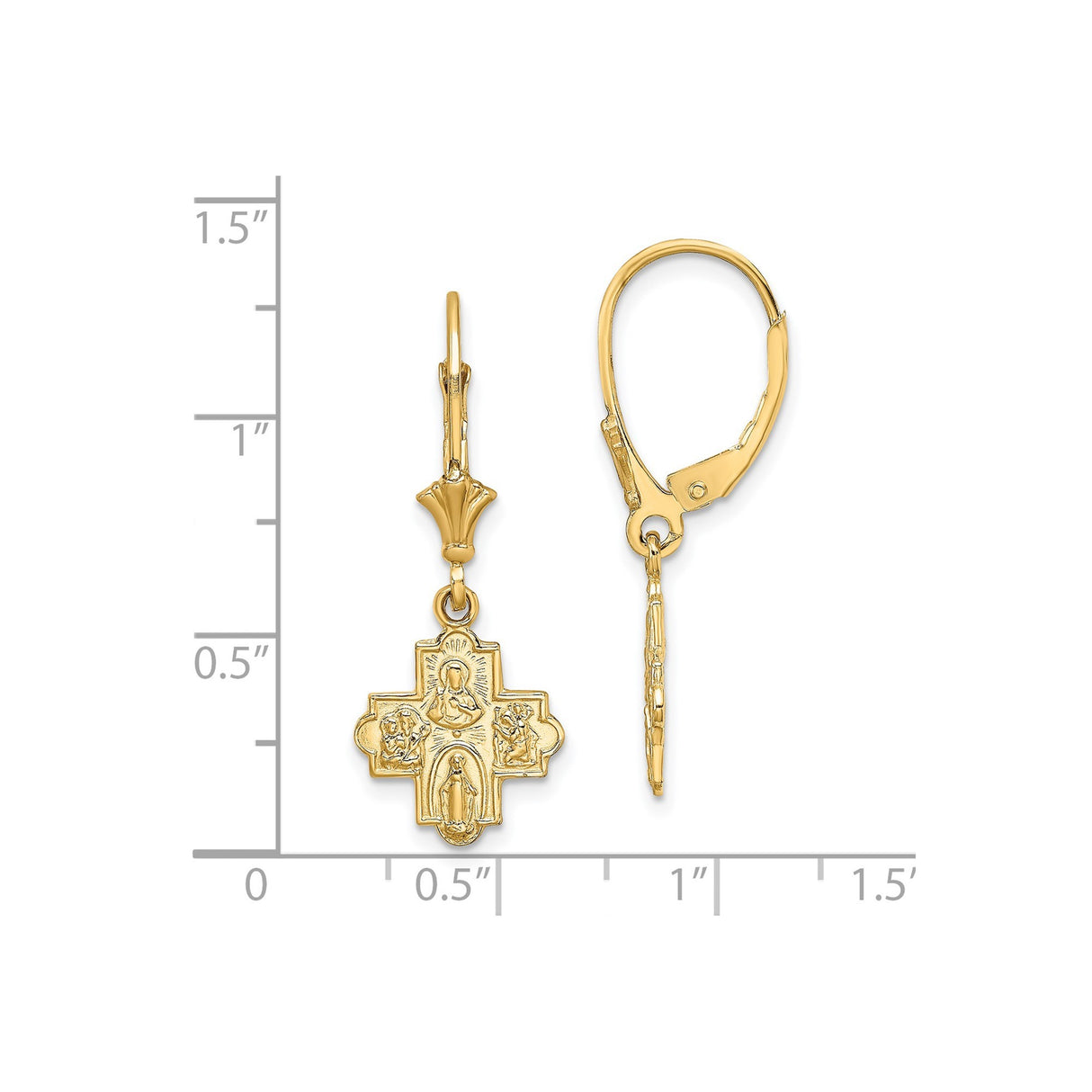 14k Yellow Gold Leverback Earrings with Four-Way Cross, Virgin Mary and Angels