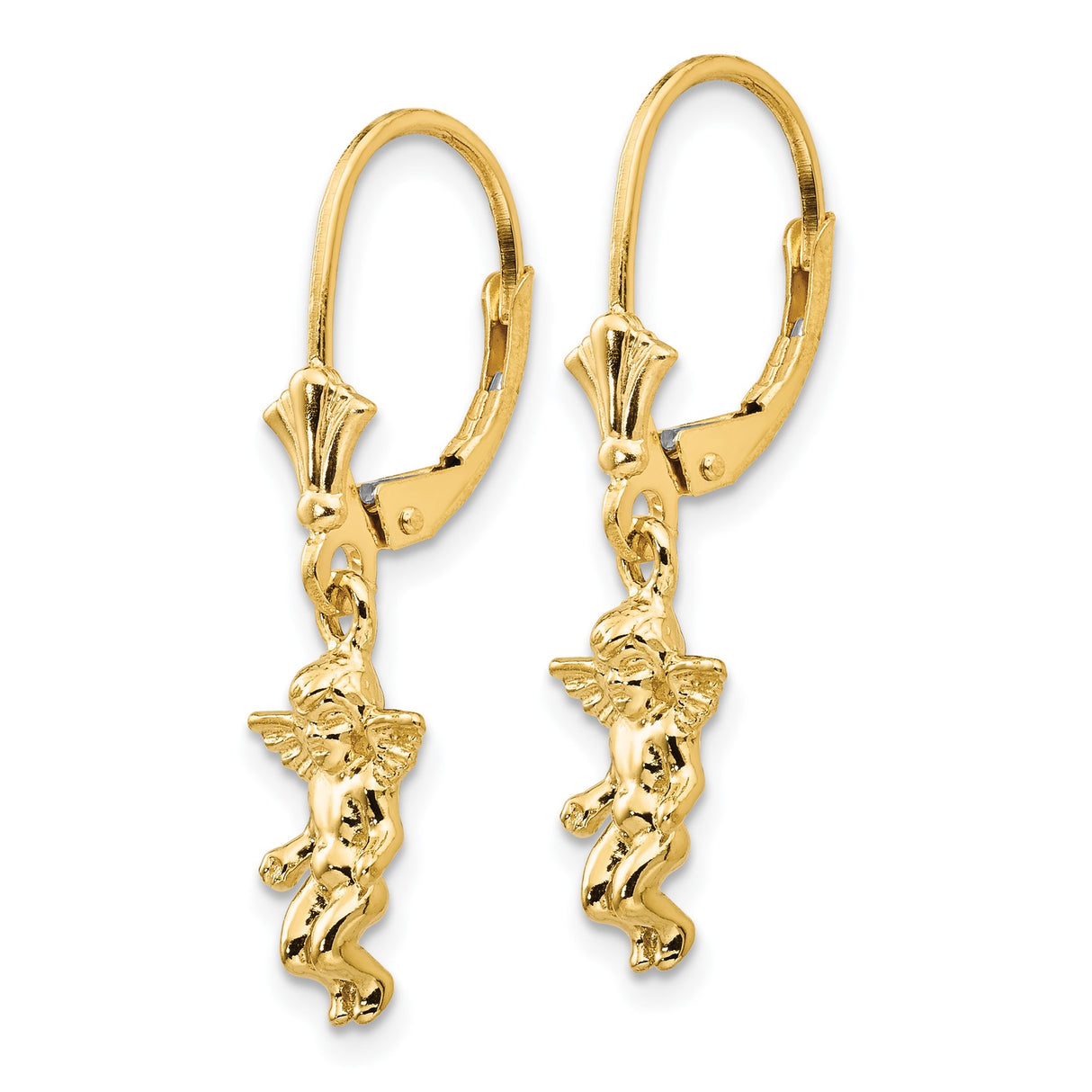 14k Yellow Gold Dangle Angel Charm Earrings with Cherub and Winged Guardian Details