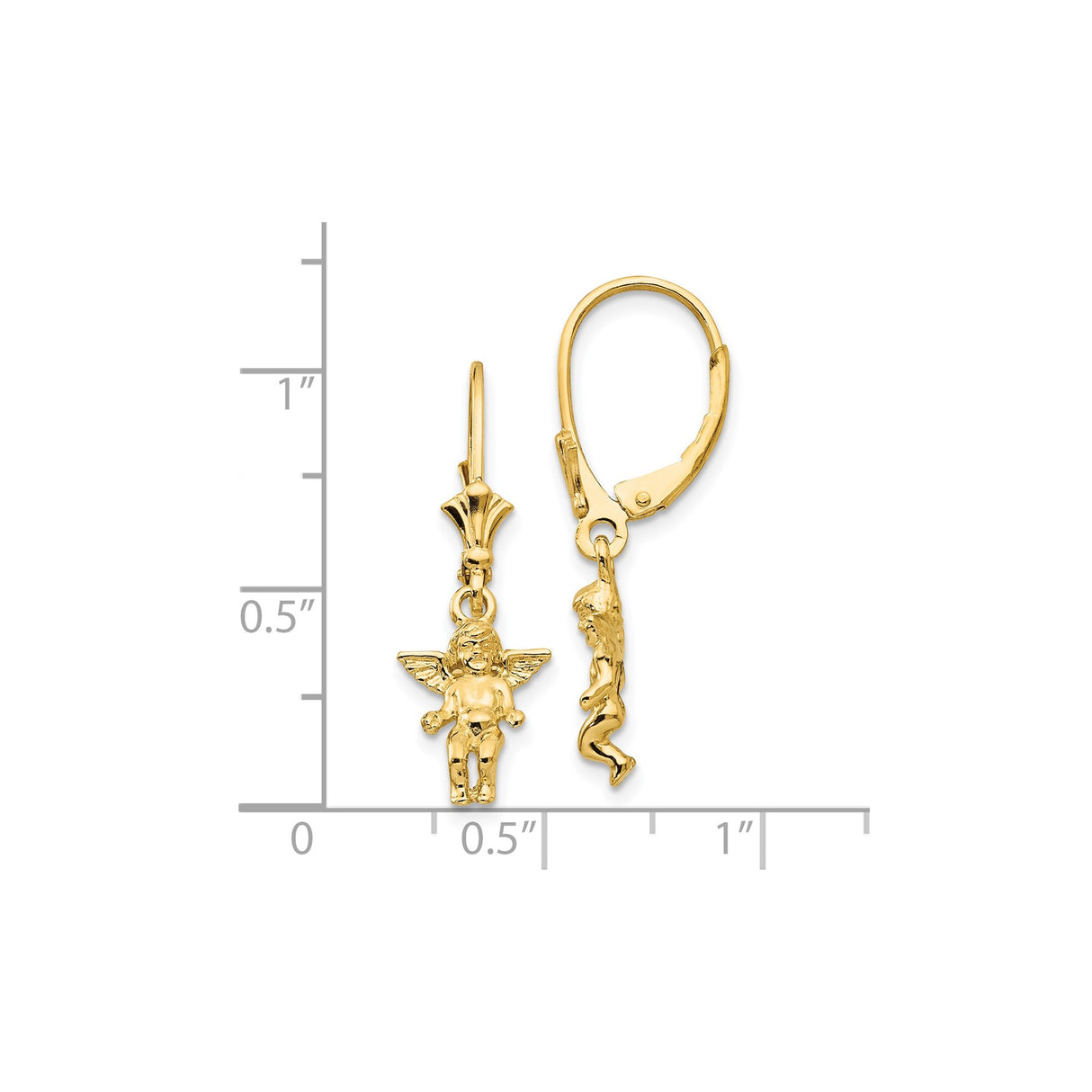 14k Yellow Gold Angel Dangle Earrings with Leverbacks, Cherub Charms, Religious Faith Jewelry