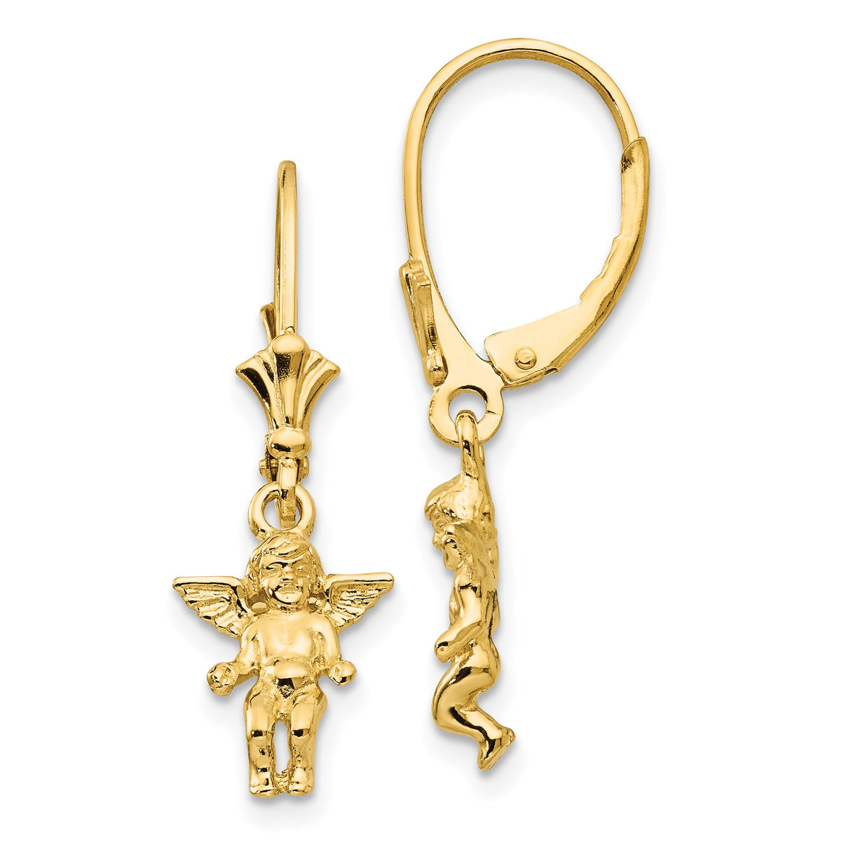 14k Yellow Gold Angel Dangle Earrings with Leverbacks, Cherub Charms, Religious Faith Jewelry