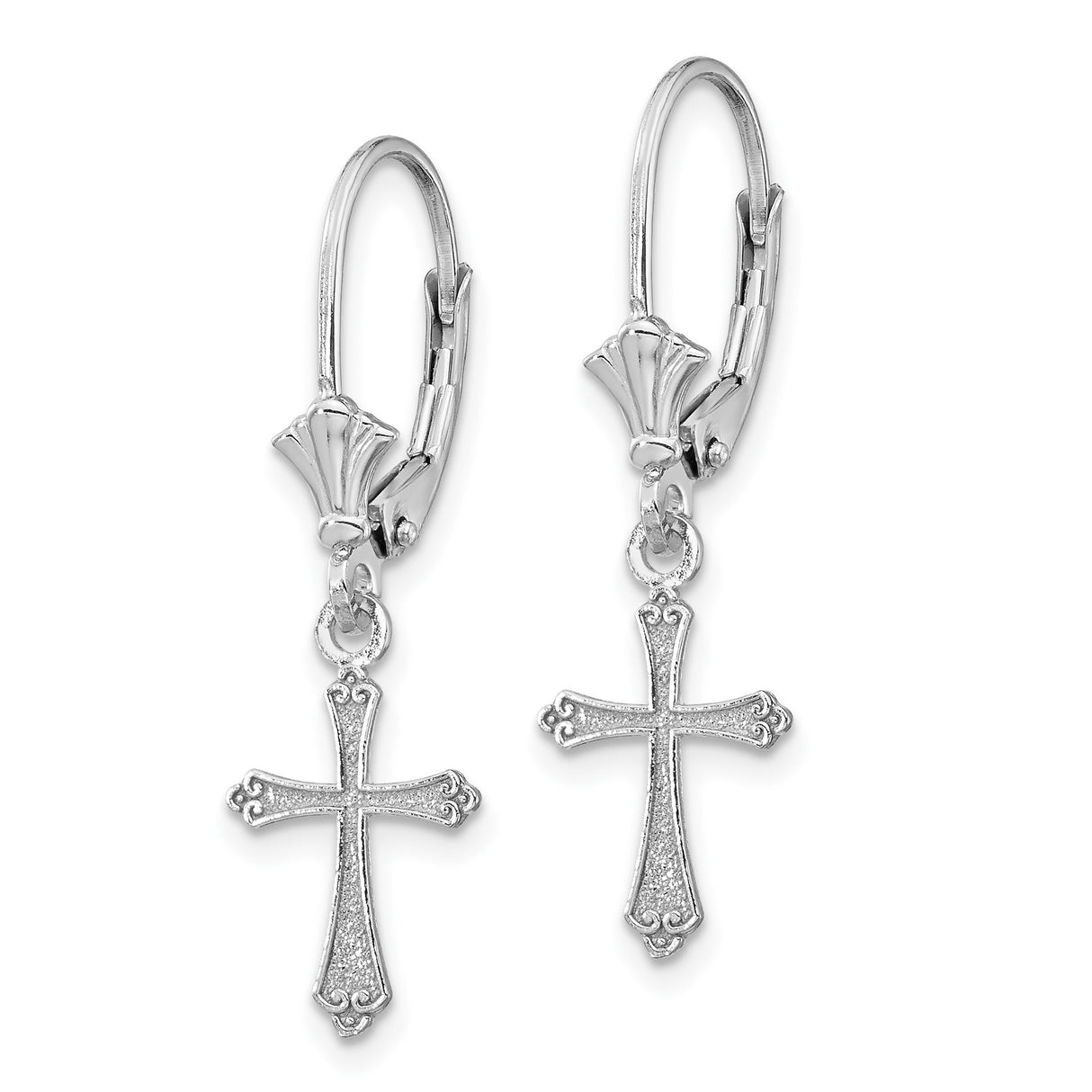 White Gold Dangle Earrings with Ornate Christian Cross Charm and Leverback Design