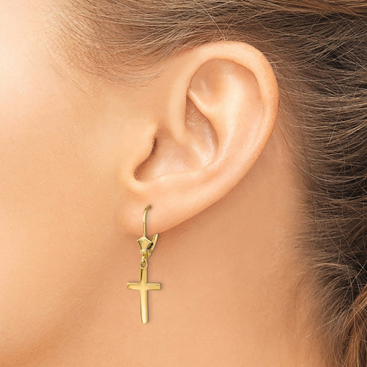 14k Yellow Gold Cross Dangle Earrings with Leverback Clasps, Polished Religious Jewelry for Women