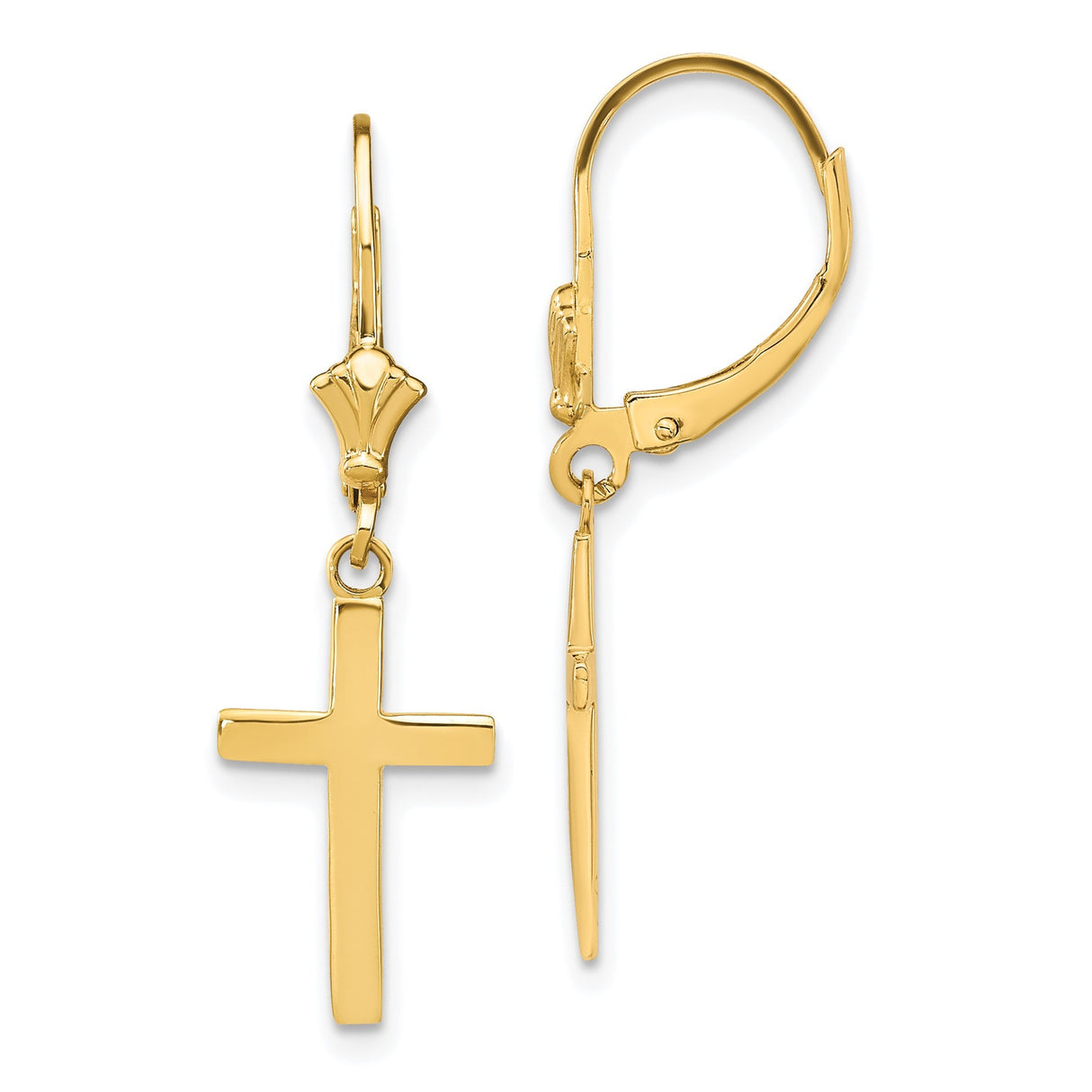 14k Yellow Gold Dangle Cross Earrings, Mirror Finish Leverback Religious Jewelry