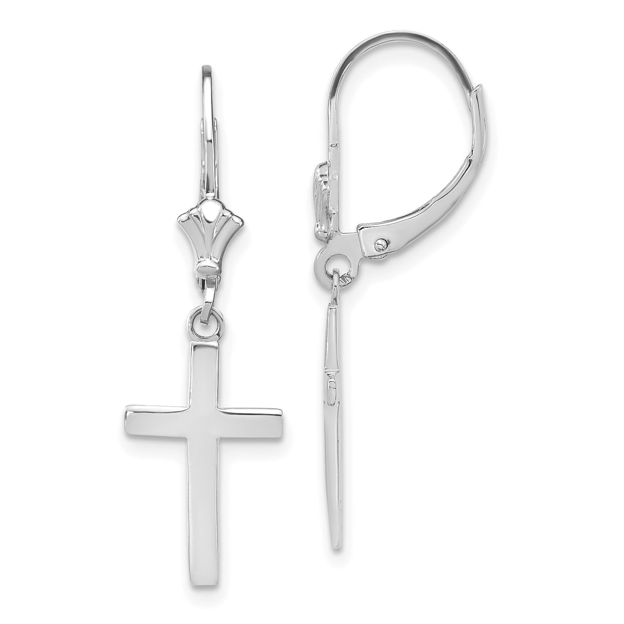 14k White Gold Cross Dangle Earrings, Leverback Christian Faith Jewelry for Women