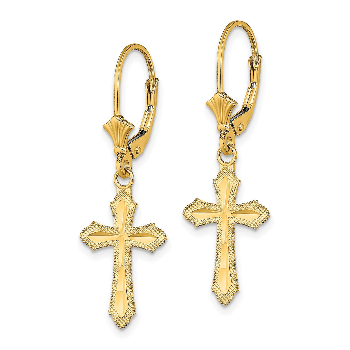 14k Yellow Gold Cross Dangle Earrings with Milgrain Edges, Leverback Christian Jewelry