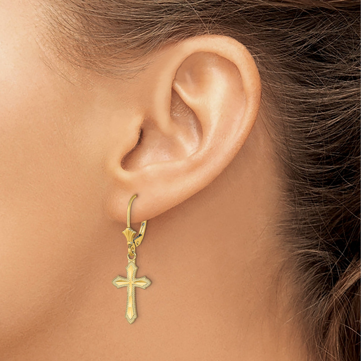 14k Yellow Gold Cross Dangle Earrings with Milgrain Edges, Leverback Christian Jewelry