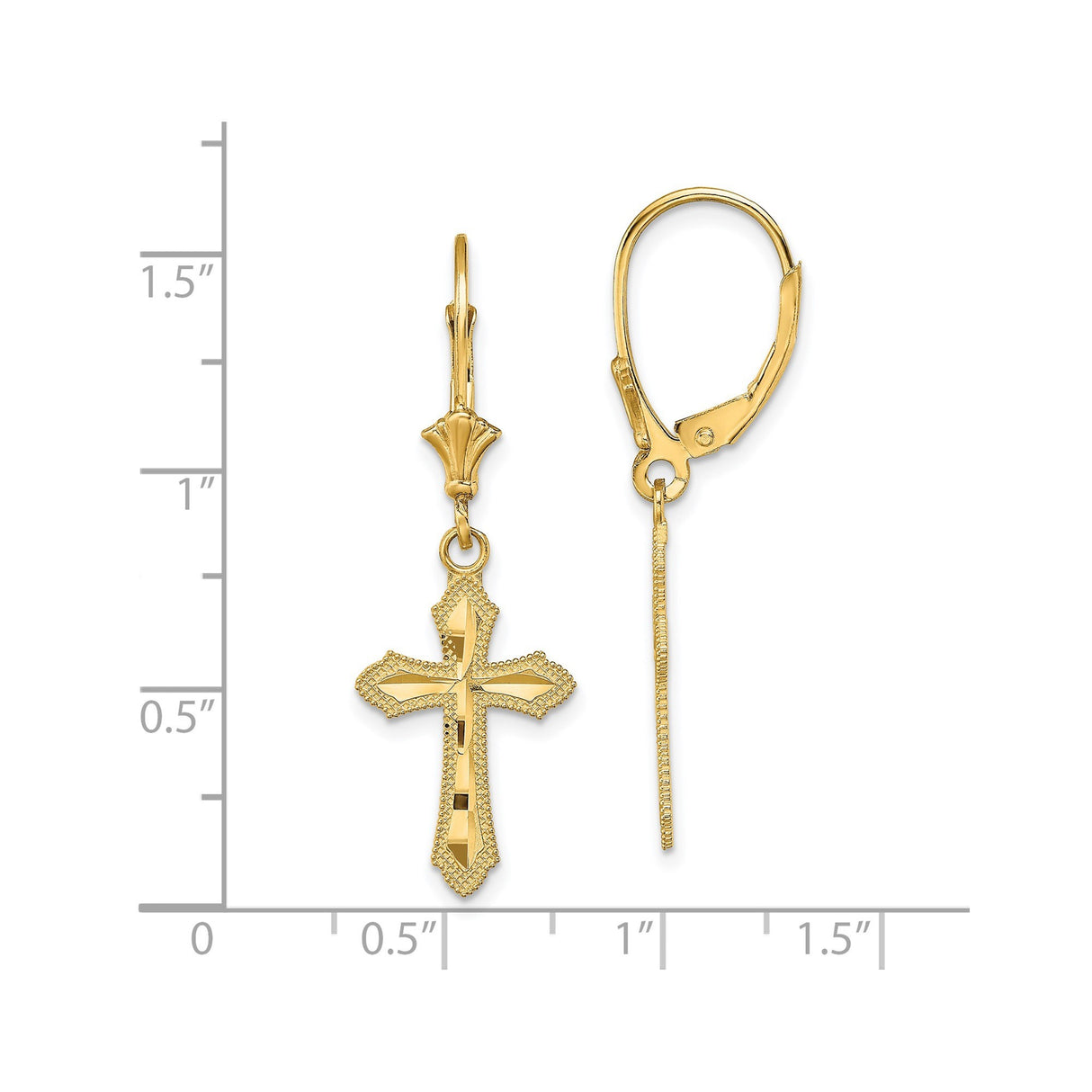 14k Yellow Gold Cross Dangle Earrings with Milgrain Edges, Leverback Christian Jewelry