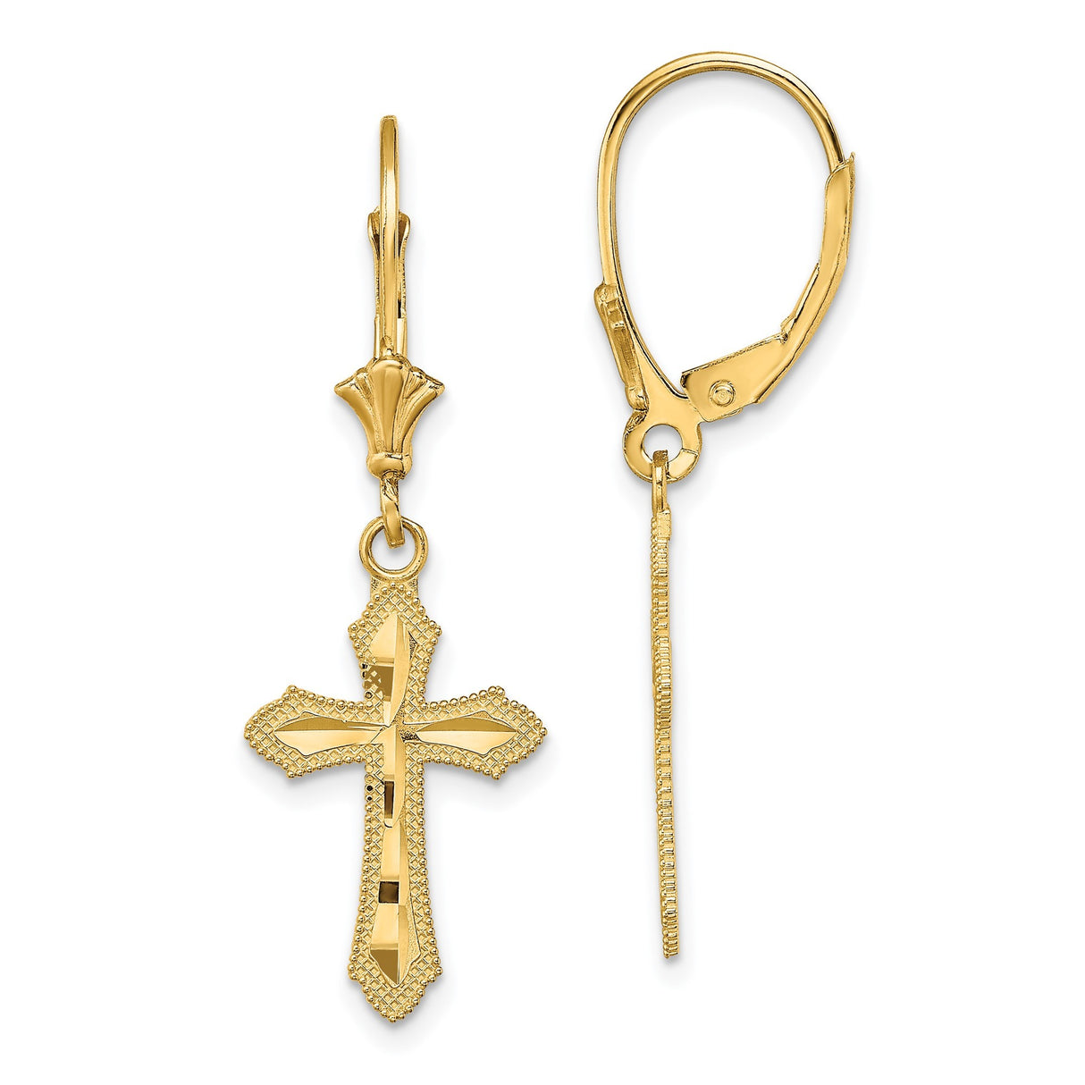 14k Yellow Gold Cross Dangle Earrings with Milgrain Edges, Leverback Christian Jewelry