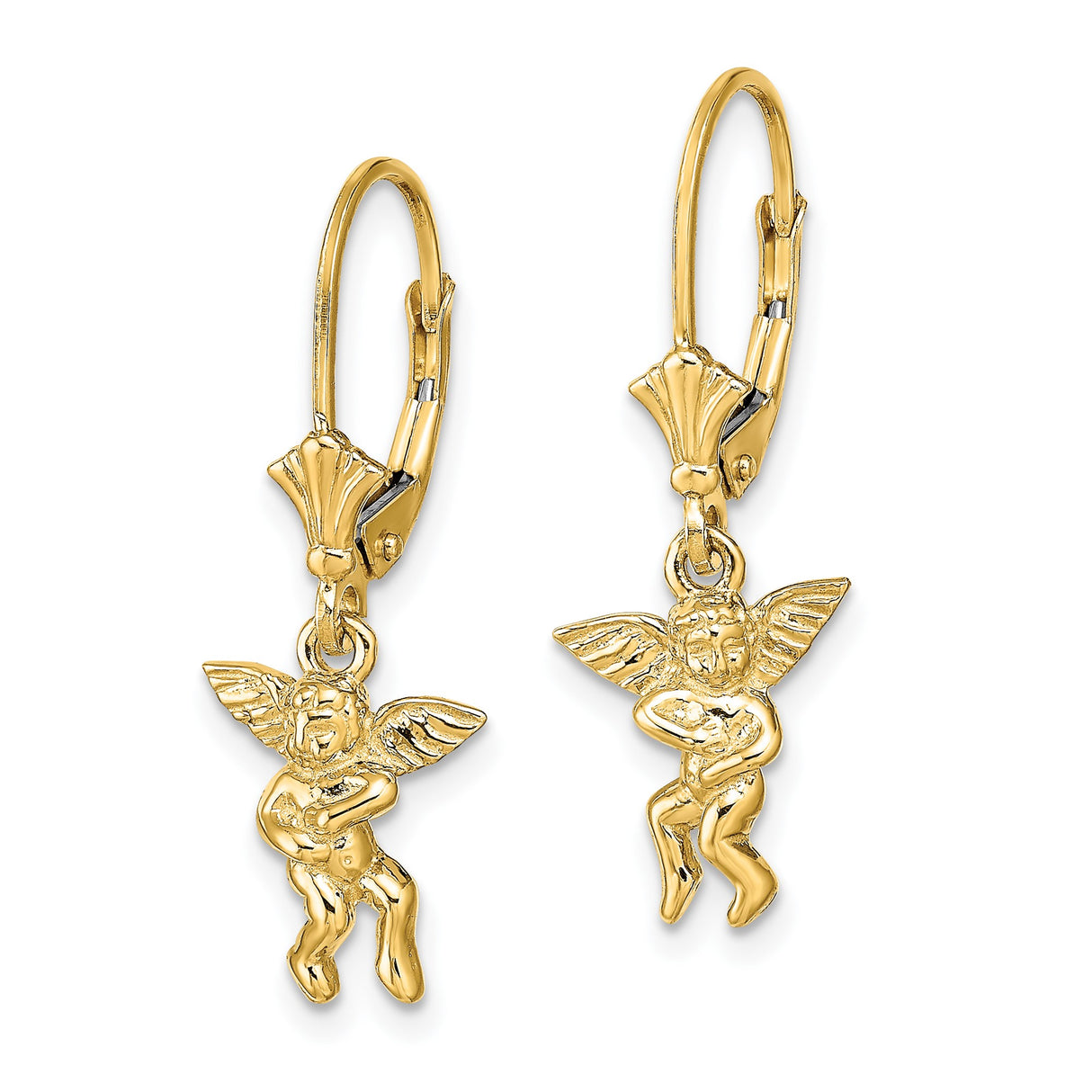 14k Yellow Gold Leverback Earrings with Cherub Angel Charms, Winged Religious Design for Women