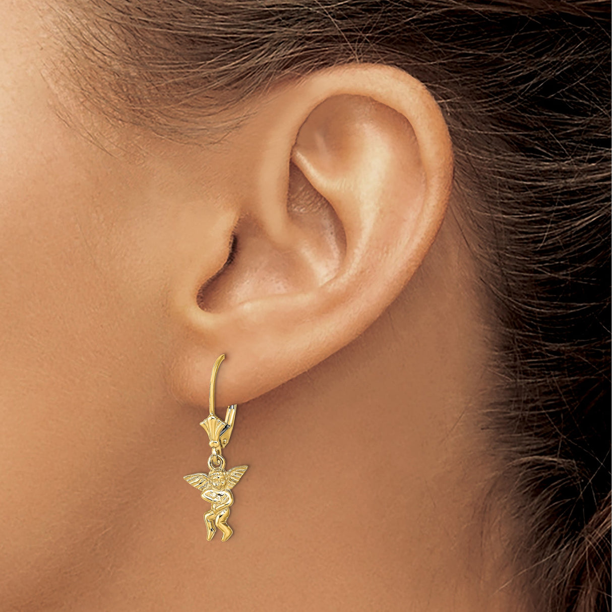 14k Yellow Gold Leverback Earrings with Cherub Angel Charms, Winged Religious Design for Women