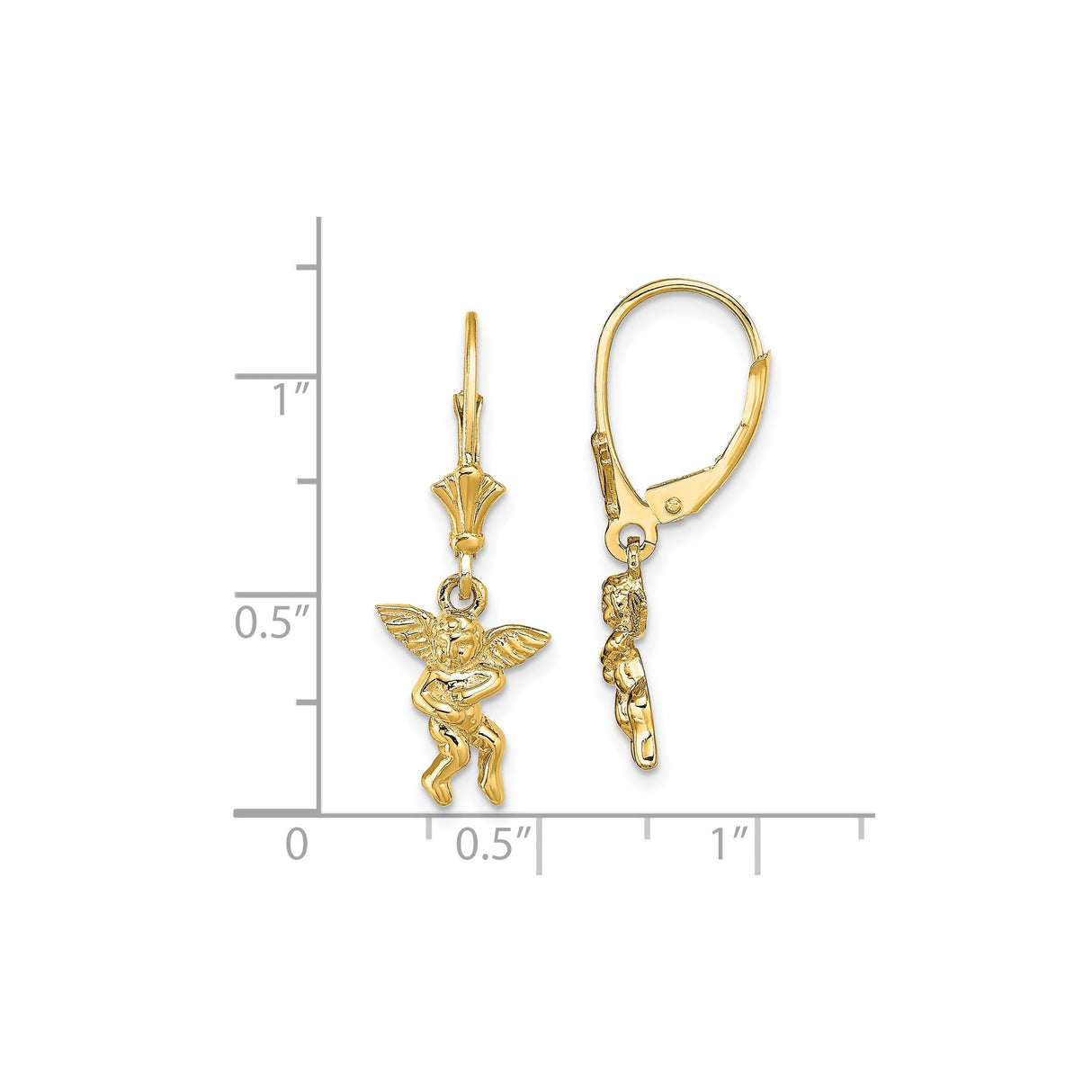 14k Yellow Gold Leverback Earrings with Cherub Angel Charms, Winged Religious Design for Women