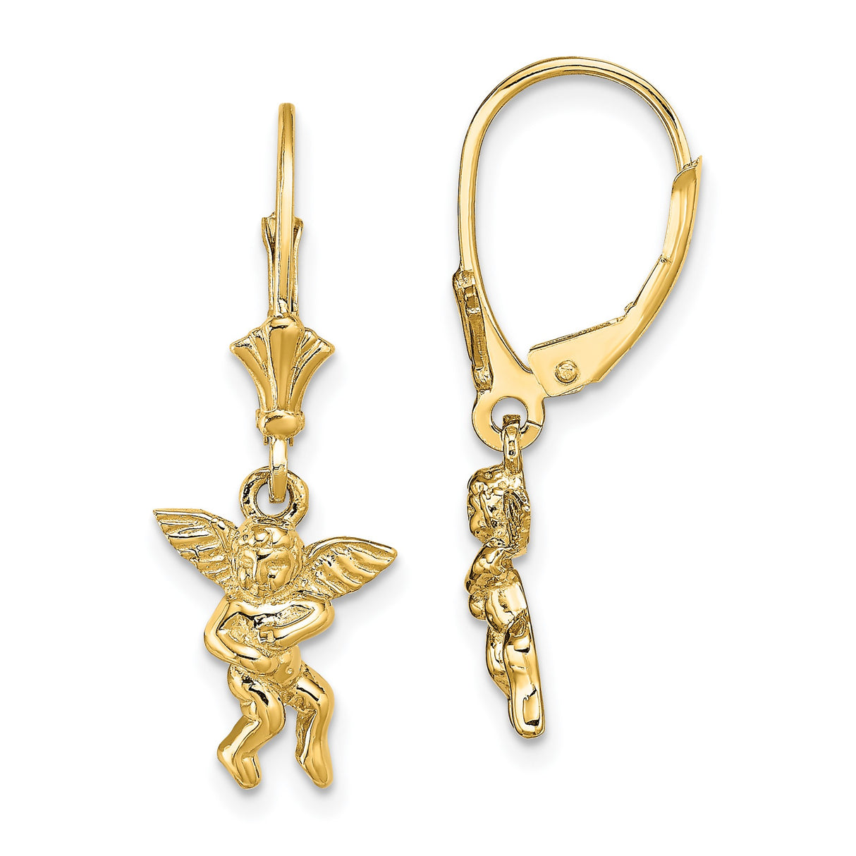 14k Yellow Gold Leverback Earrings with Cherub Angel Charms, Winged Religious Design for Women