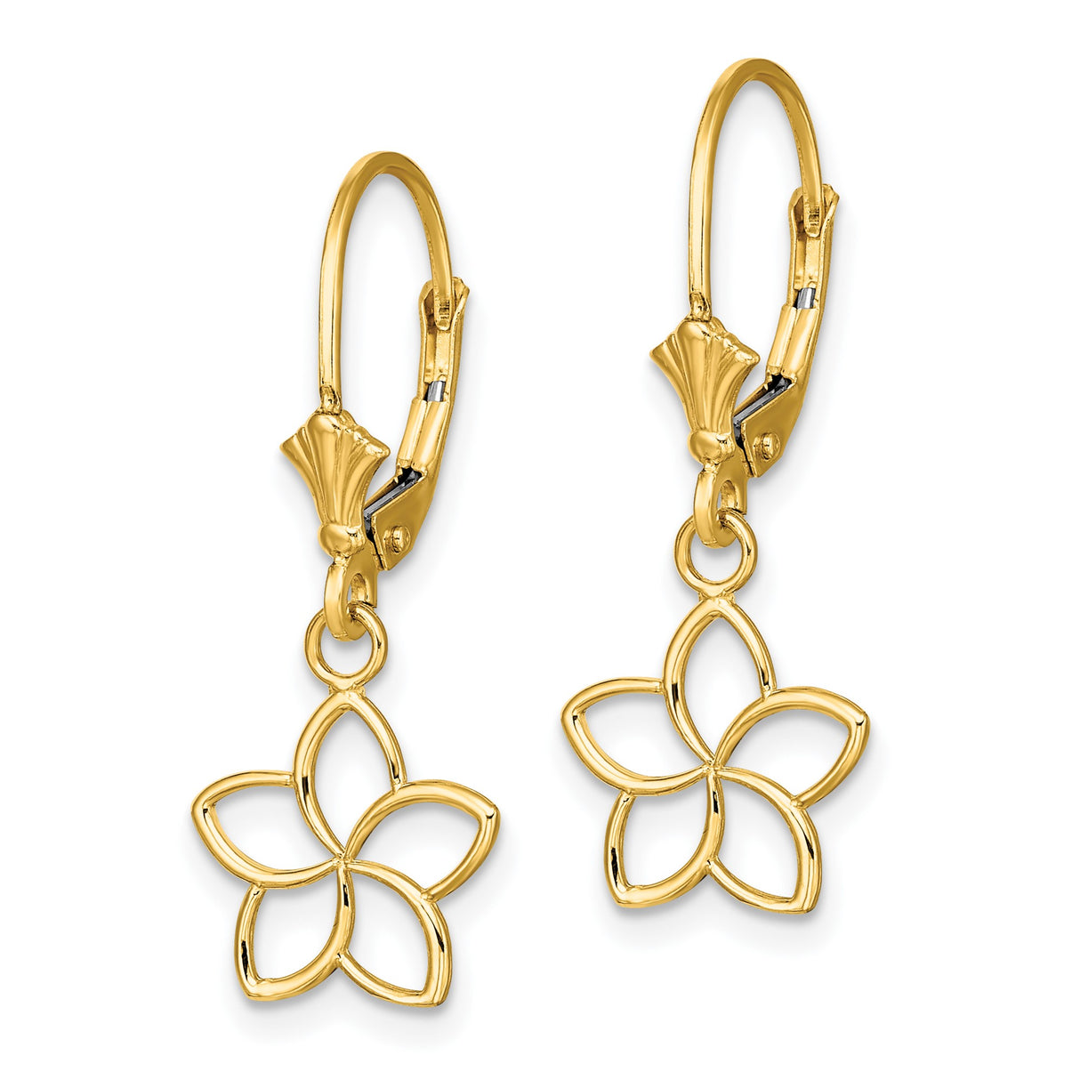 14k Yellow Gold Dangle Earrings with Openwork Five Petal Flower Design for Women