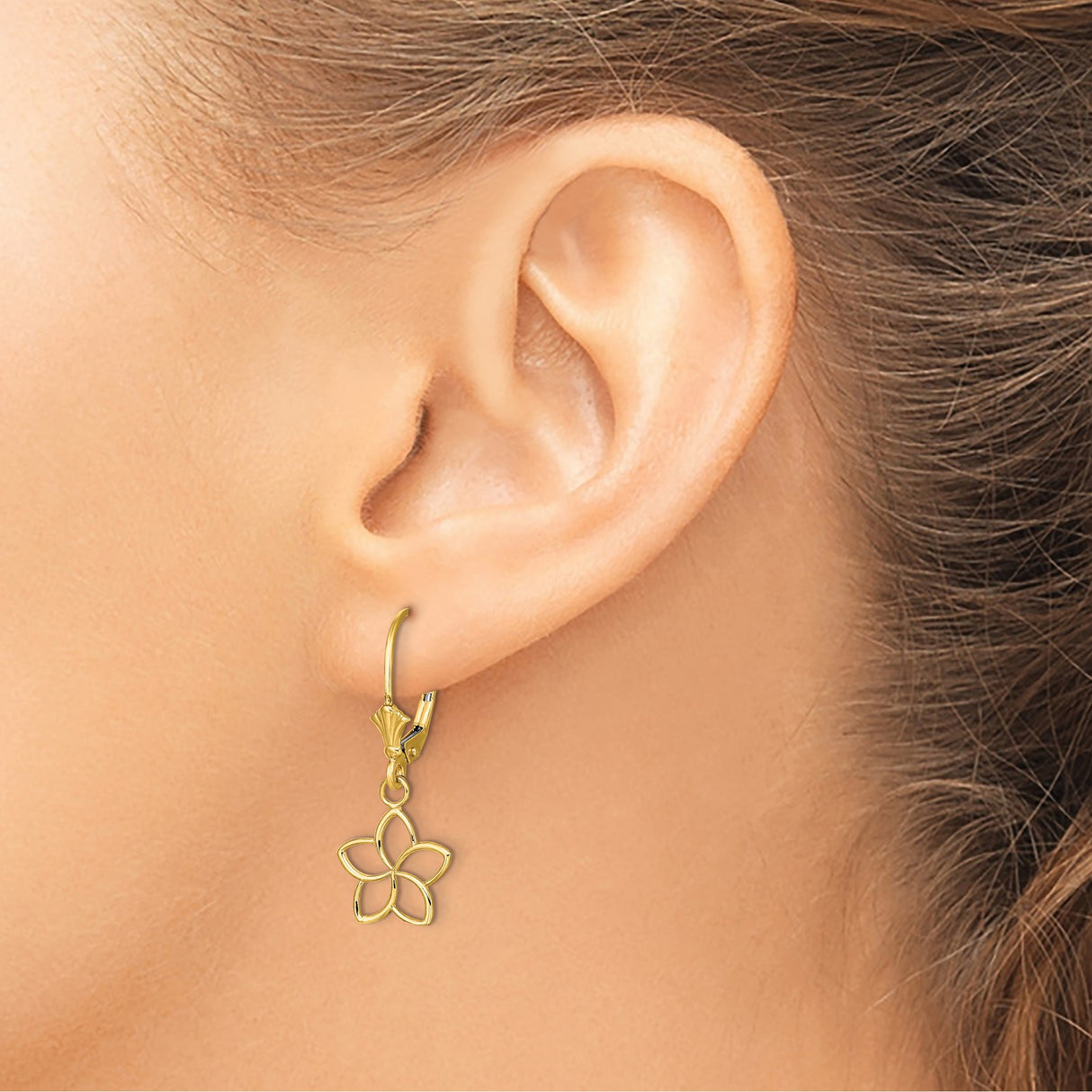 14k Yellow Gold Dangle Earrings with Openwork Five Petal Flower Design for Women