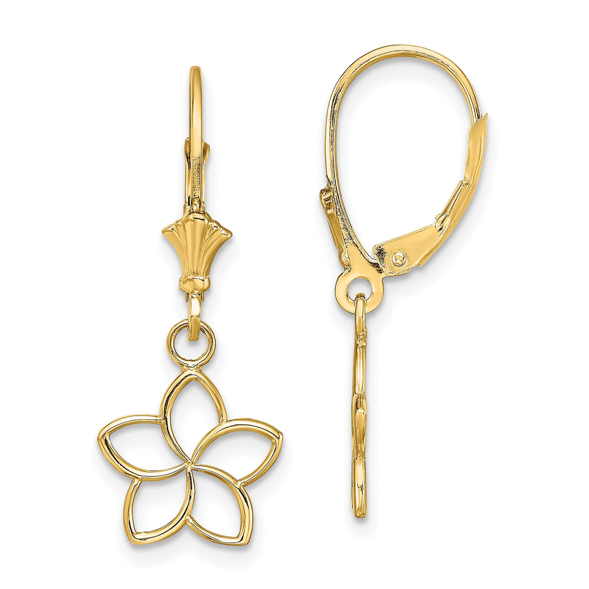 14k Yellow Gold Dangle Earrings with Openwork Five Petal Flower Design for Women
