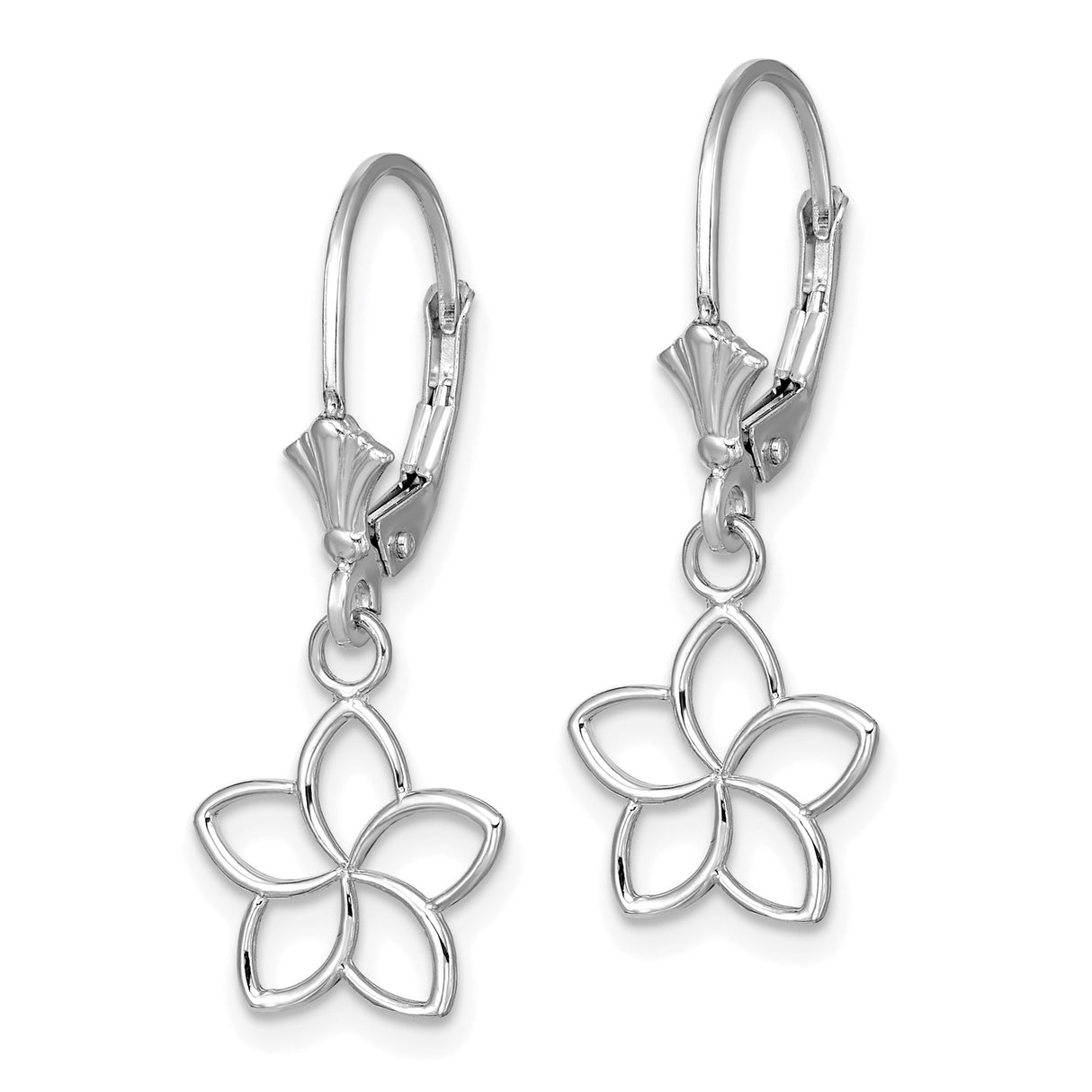 White Gold Dangle Earrings with Five Petal Openwork Flower Design, Leverback Drop Style