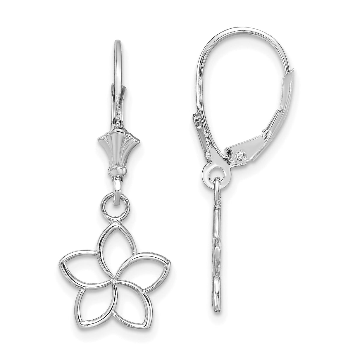 Sterling Silver Dangle Earrings with Five Petal Openwork Flower Design, Leverback Drop Style