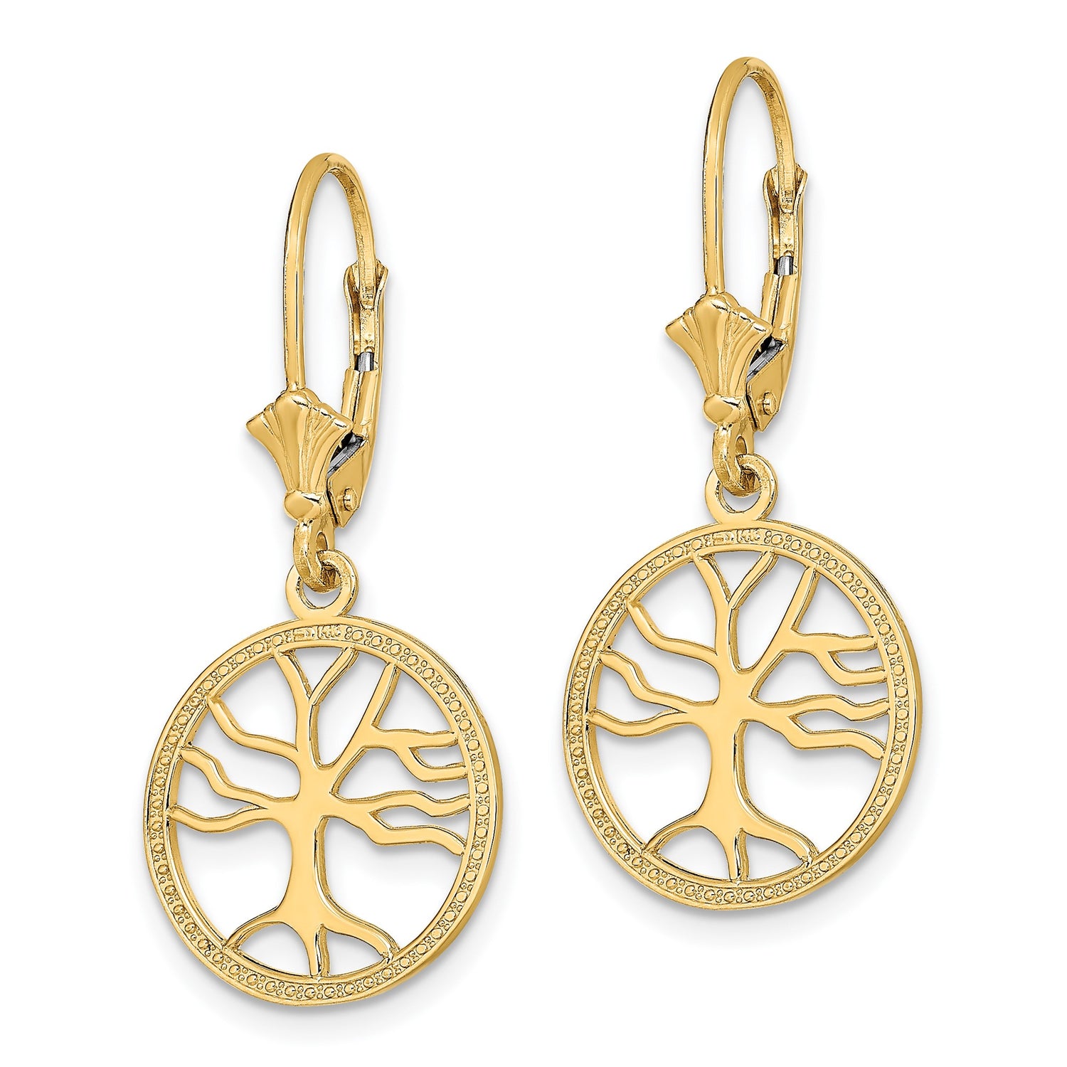 14k Yellow Gold Dangle Earrings with Tree of Life Openwork Design, Leverback Closure