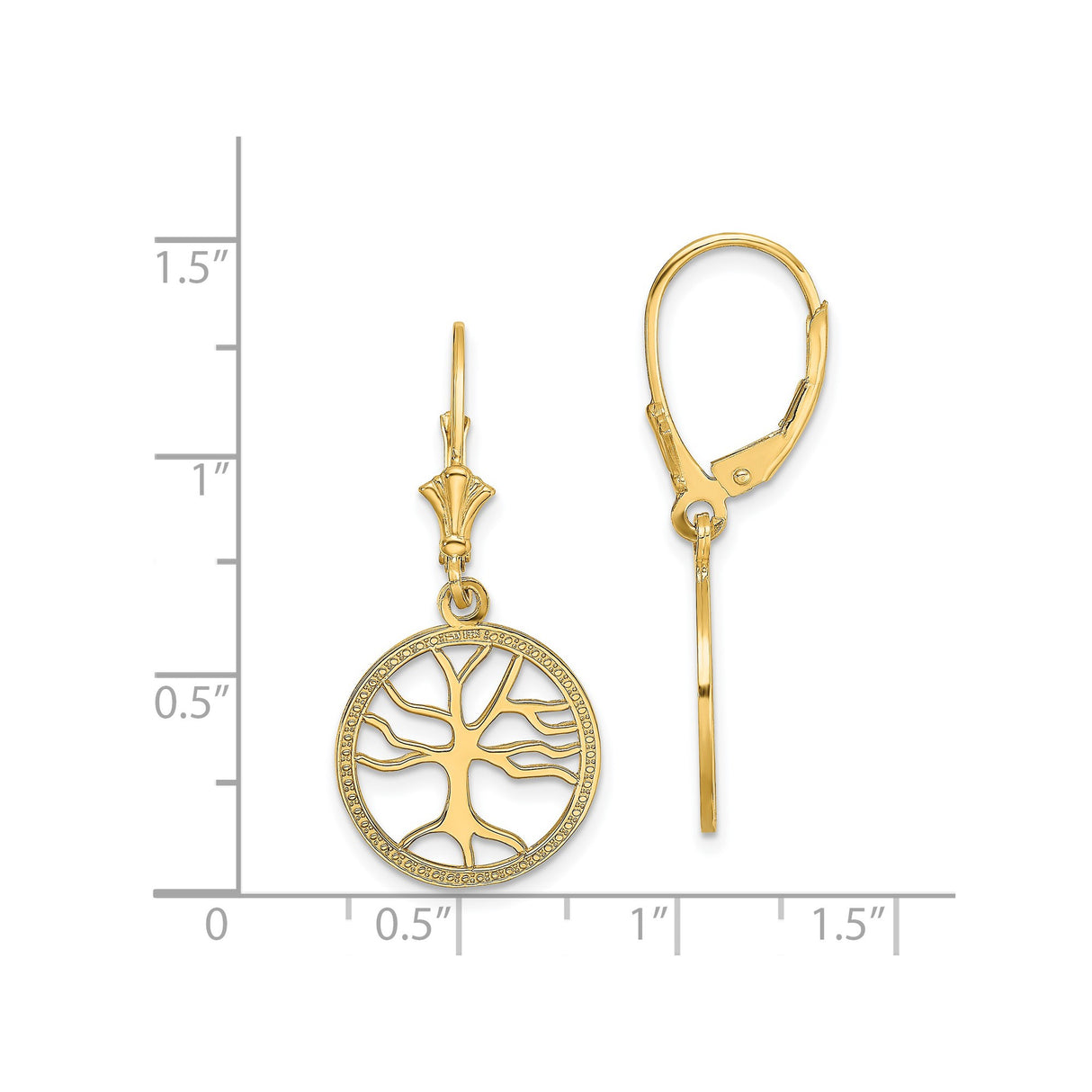 14k Yellow Gold Drop Earrings with Openwork Tree of Life Design, Leverback Style