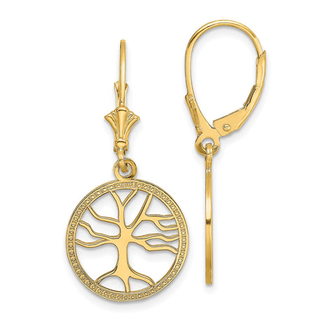 14k Yellow Gold Drop Earrings with Openwork Tree of Life Design, Leverback Style