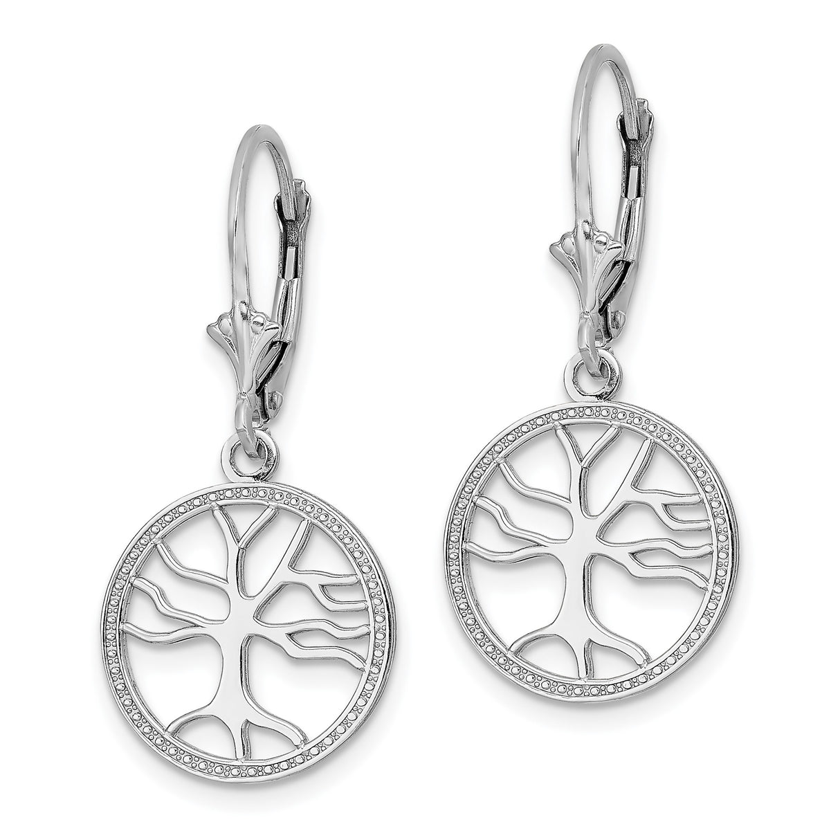 14k White Gold Leverback Dangle Earrings, Tree of Life Design, Celtic Spiritual Jewelry for Women