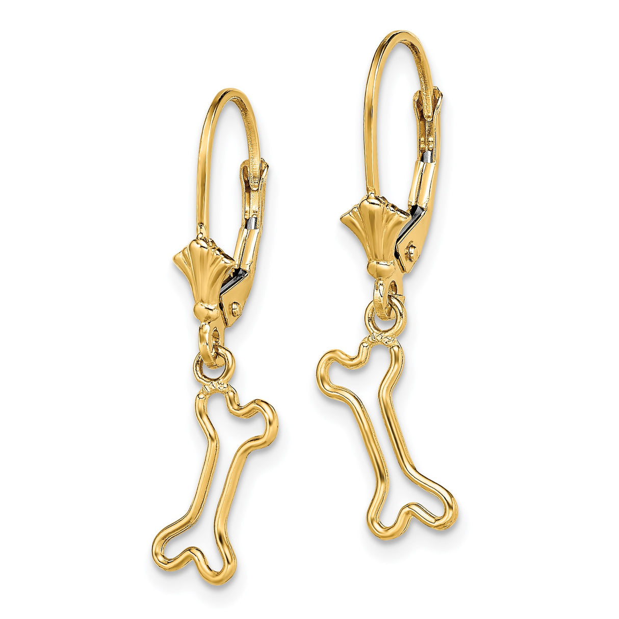 14k Yellow Gold Dangle Earrings with Dog Bone Charm, Leverback Drop Pet Jewelry for Women